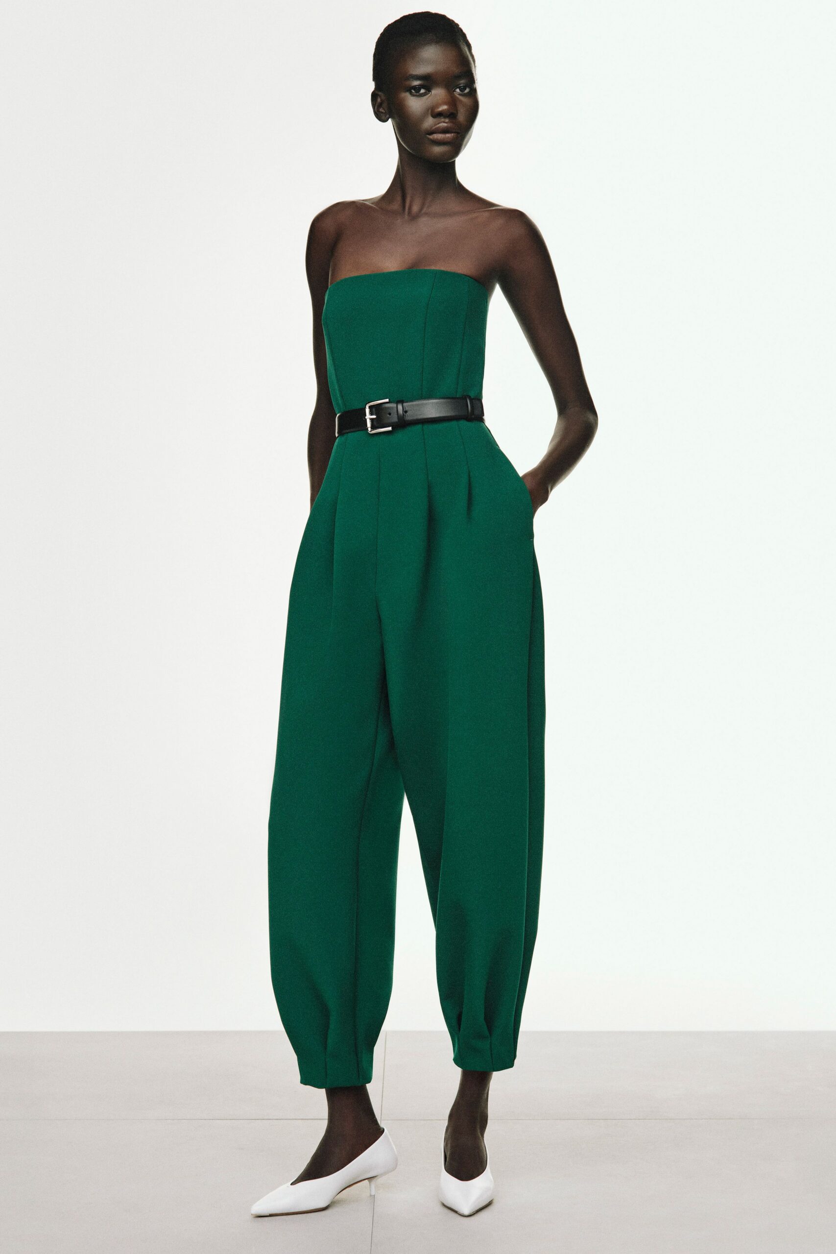 green cotton strapless relaxed pleated belted jumpsuit