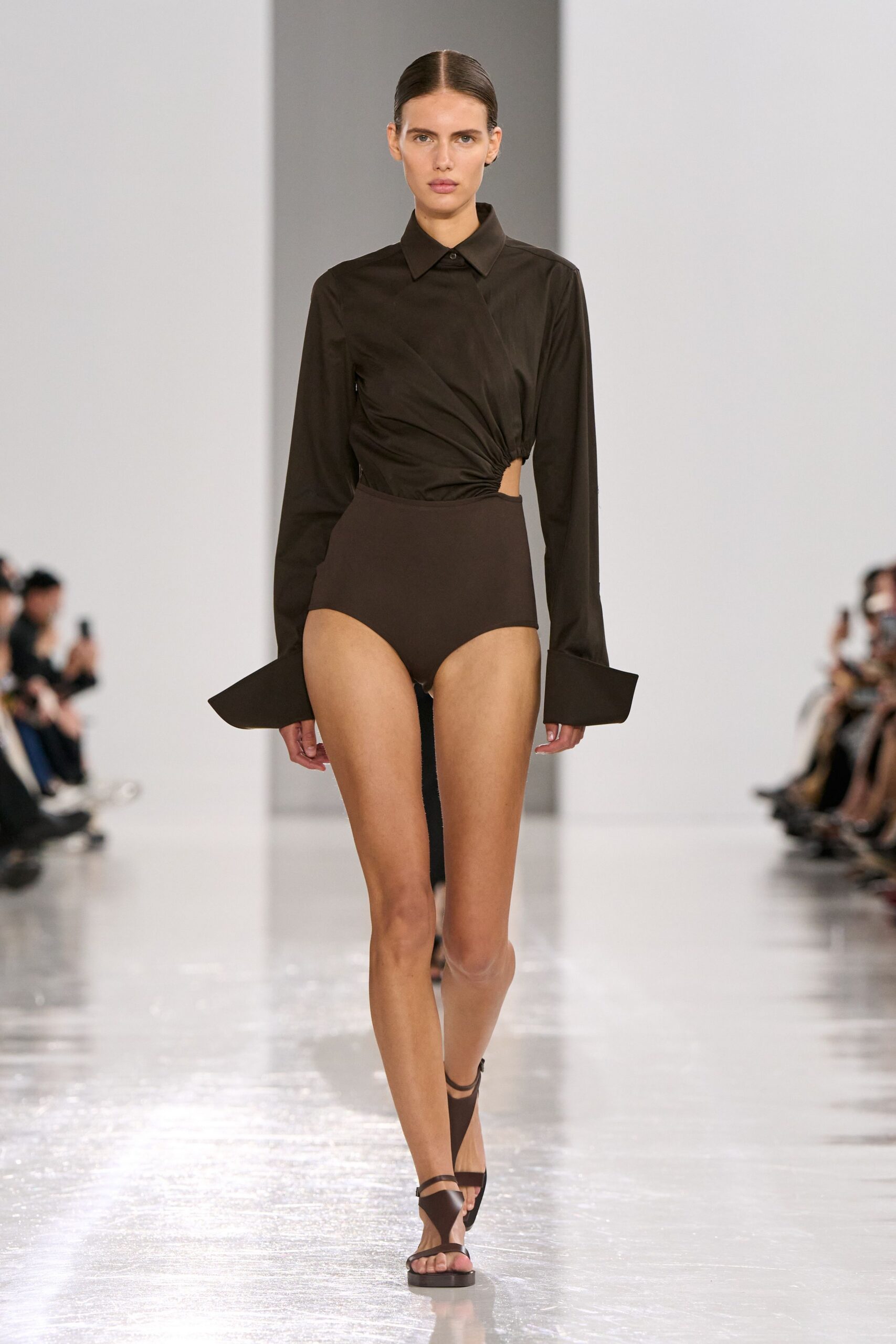 brown cotton long-sleeve collared fitted draped shirt