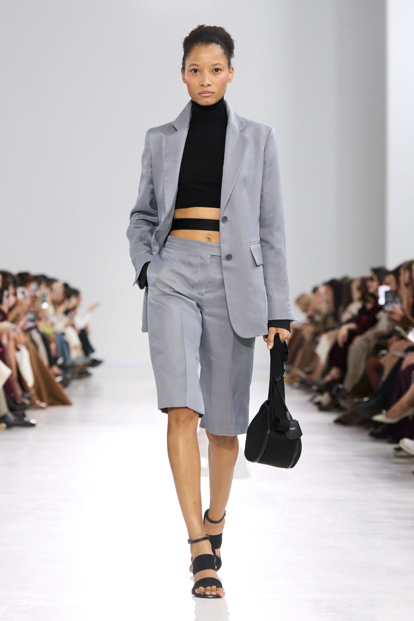 gray tailored blazer with black crop top