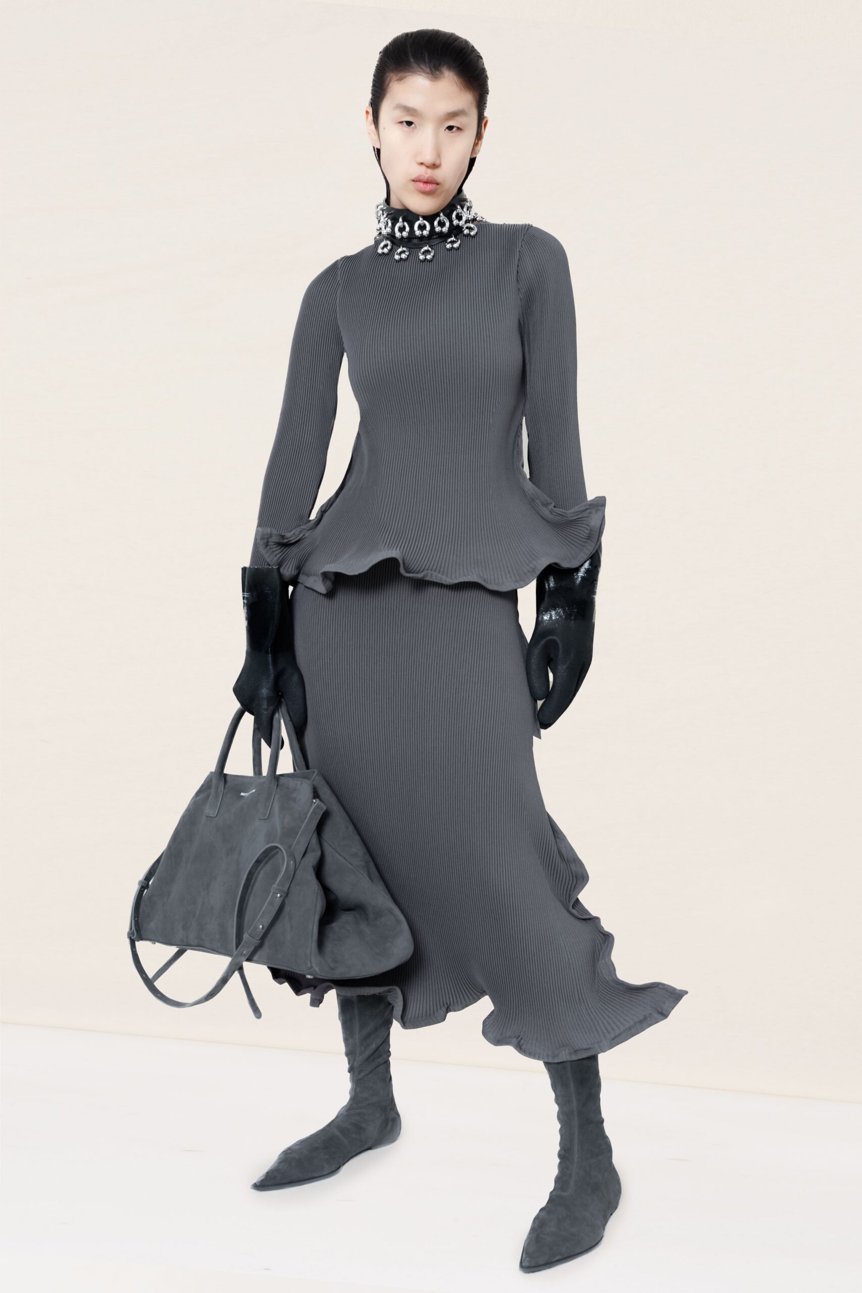 gray knit long-sleeve high-neck fitted ruffled tiered dress