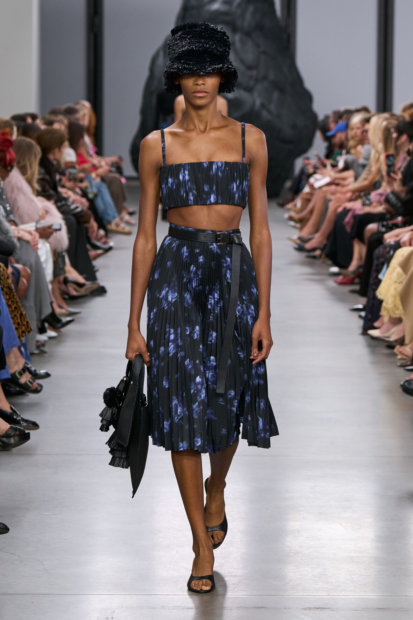blue sleeveless fitted pleated cropped top