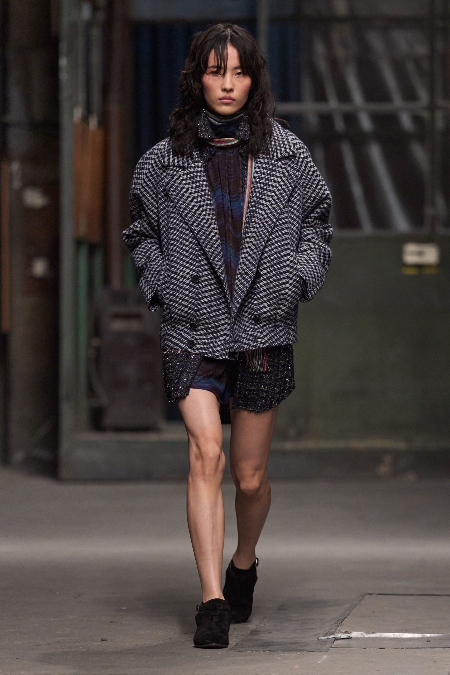 checked black and white jacket with shorts