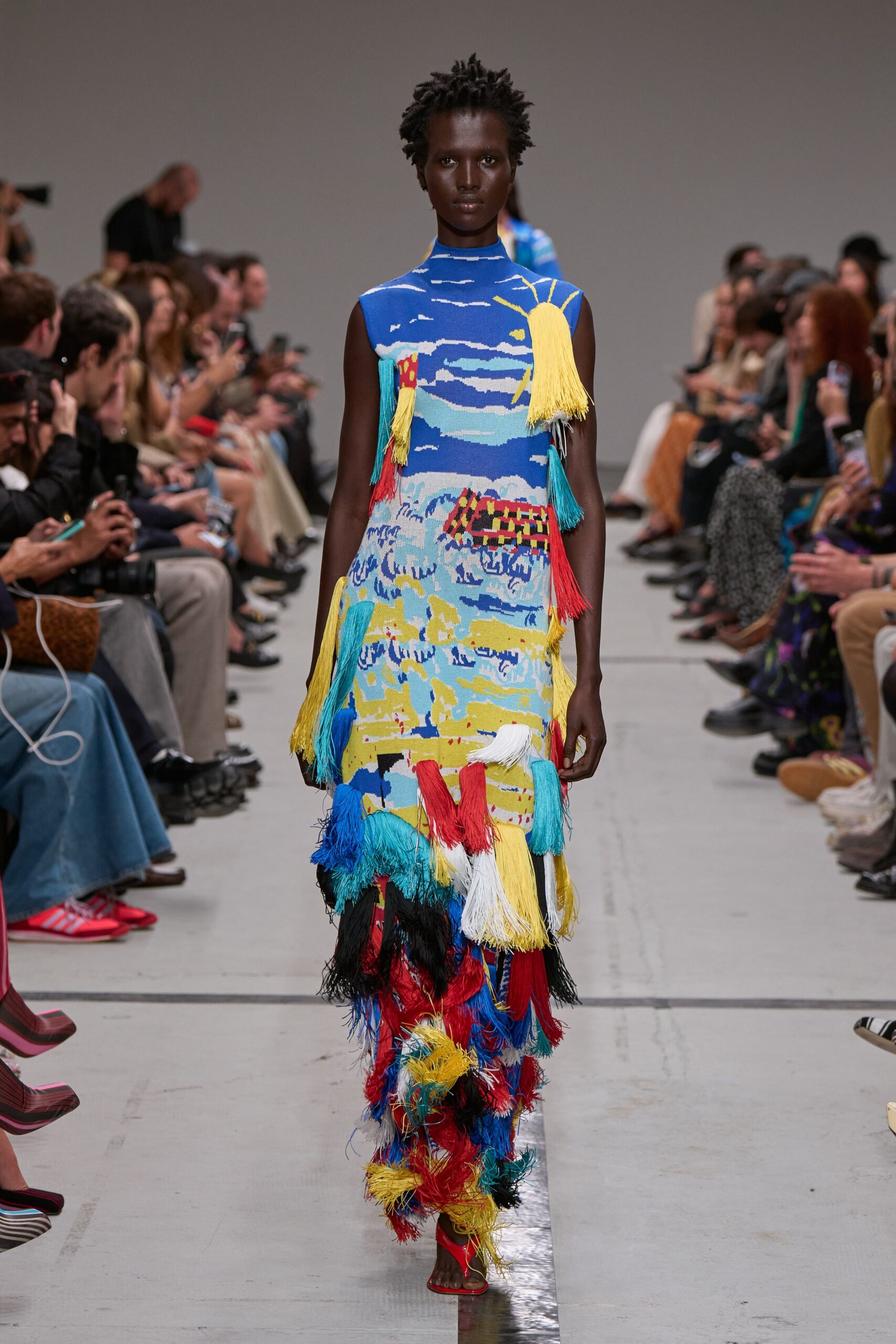 blue cotton sleeveless high-neck fitted fringed printed dress