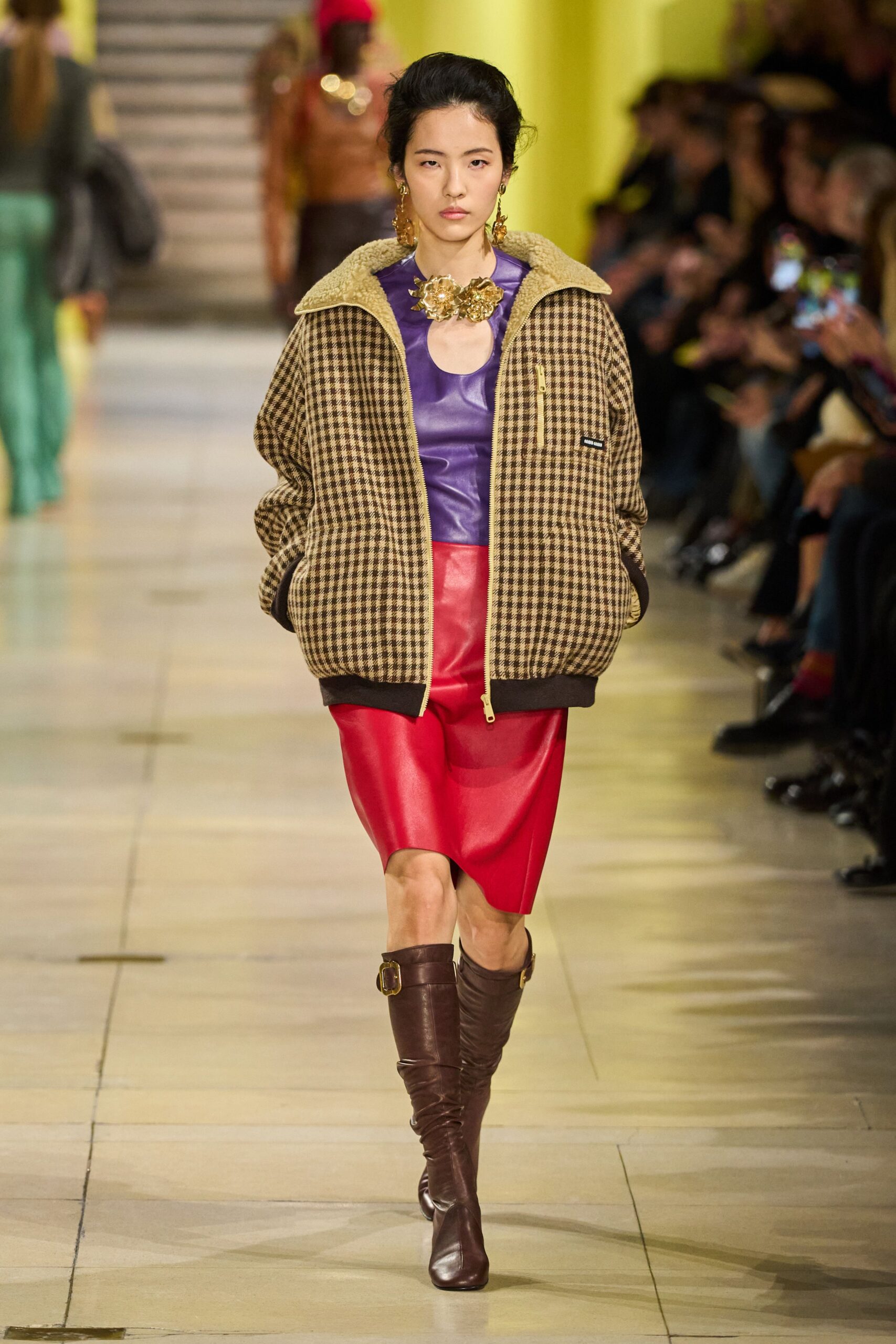 brown cotton long-sleeve collared oversized checked jacket