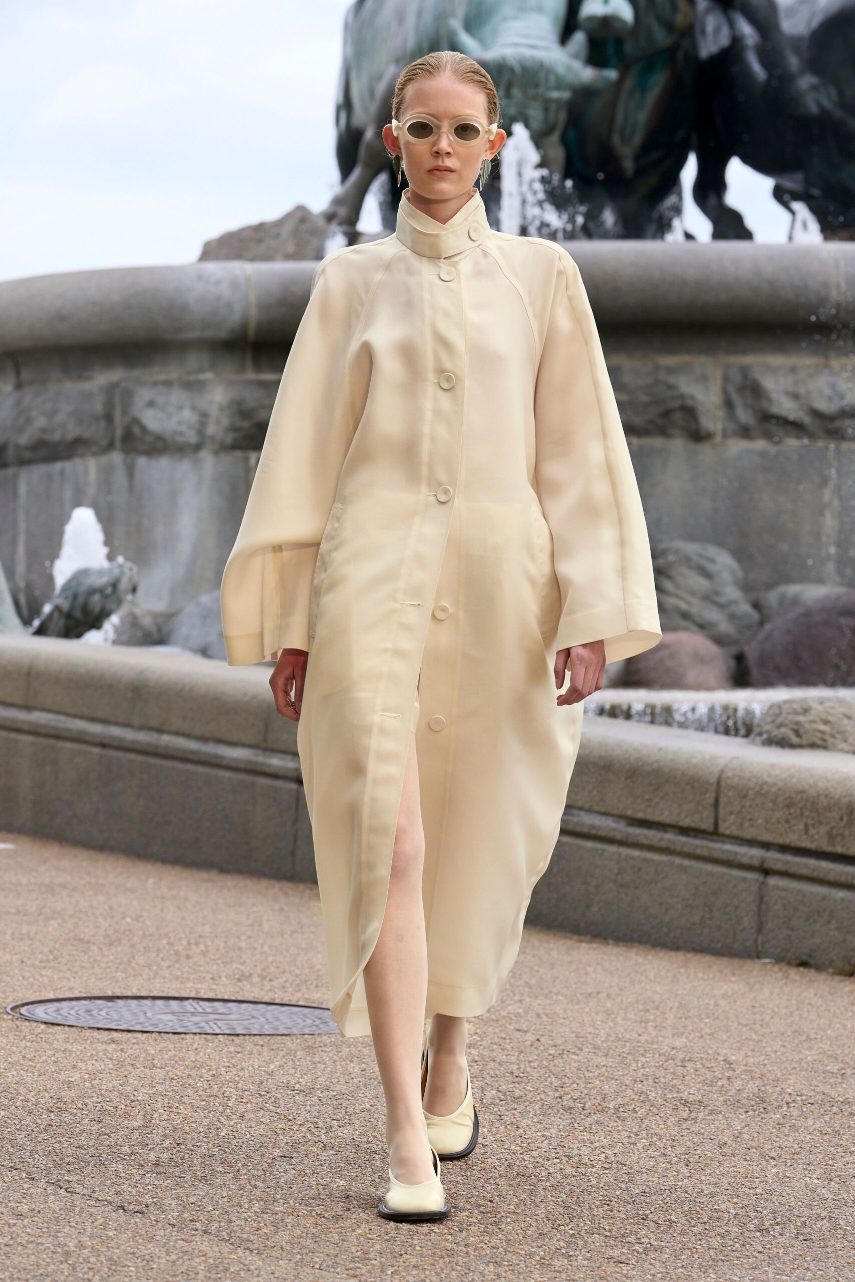 ivory silk long-sleeve collared relaxed buttoned sheer dress