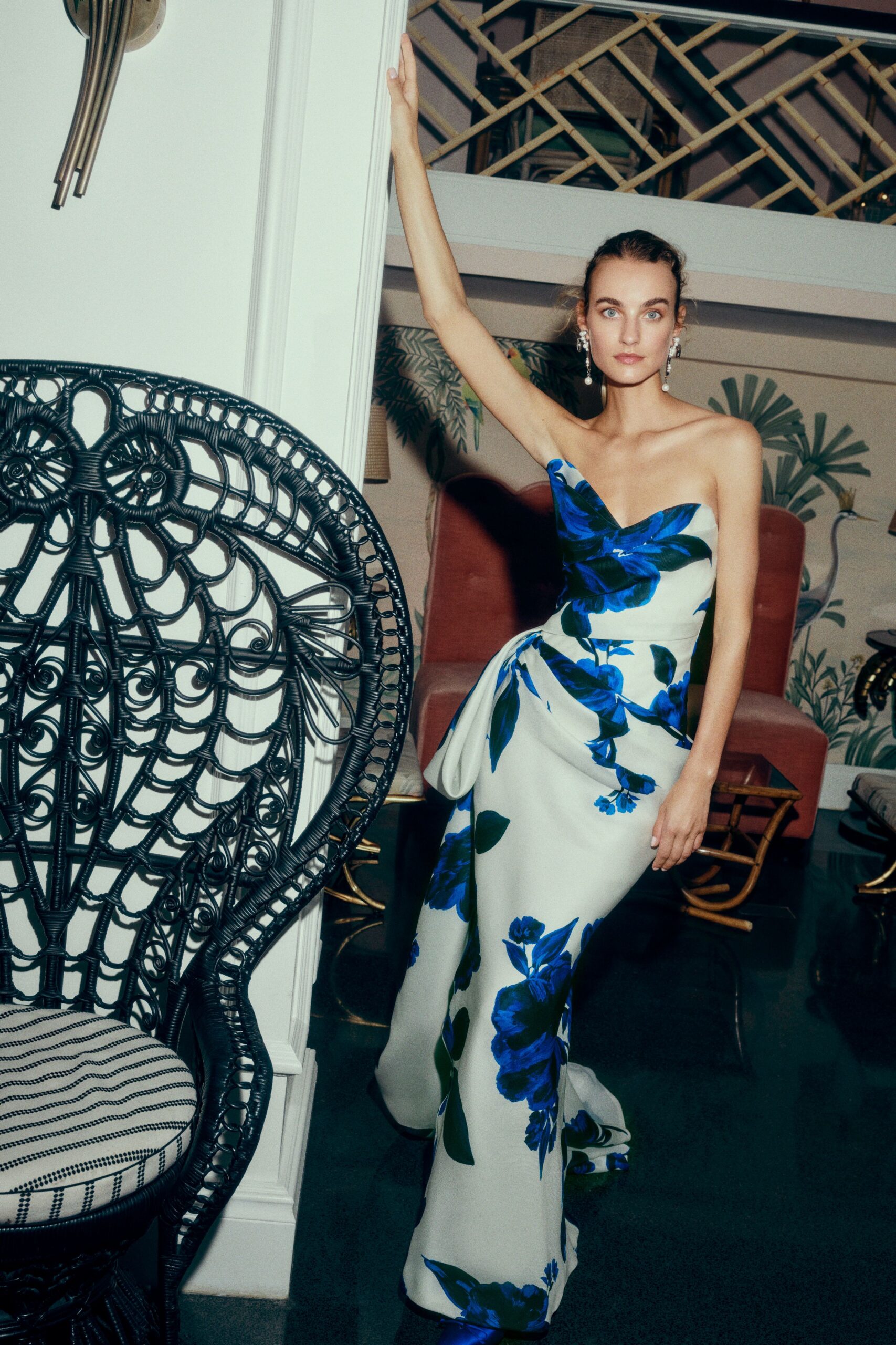 floral strapless silk gown