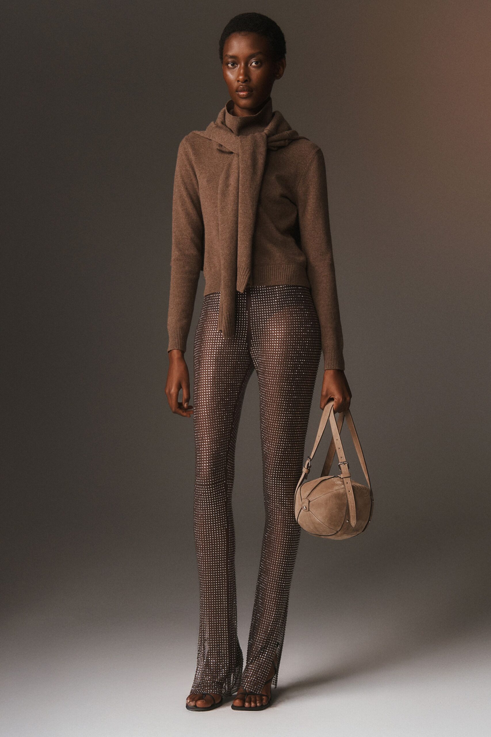 brown metallic fitted high-waisted flared shiny pants