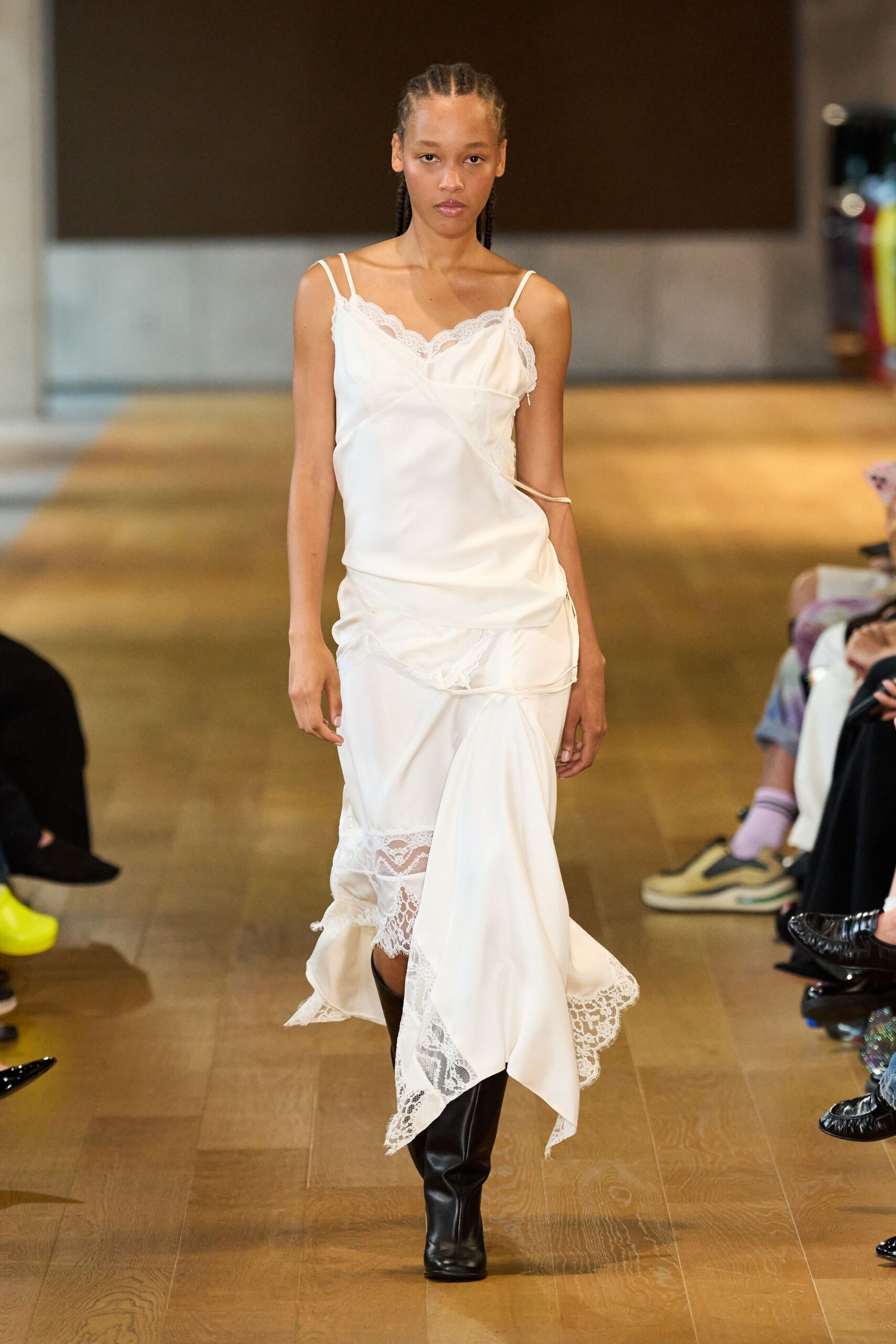 white silk sleeveless v-neck fitted ruffled layered dress