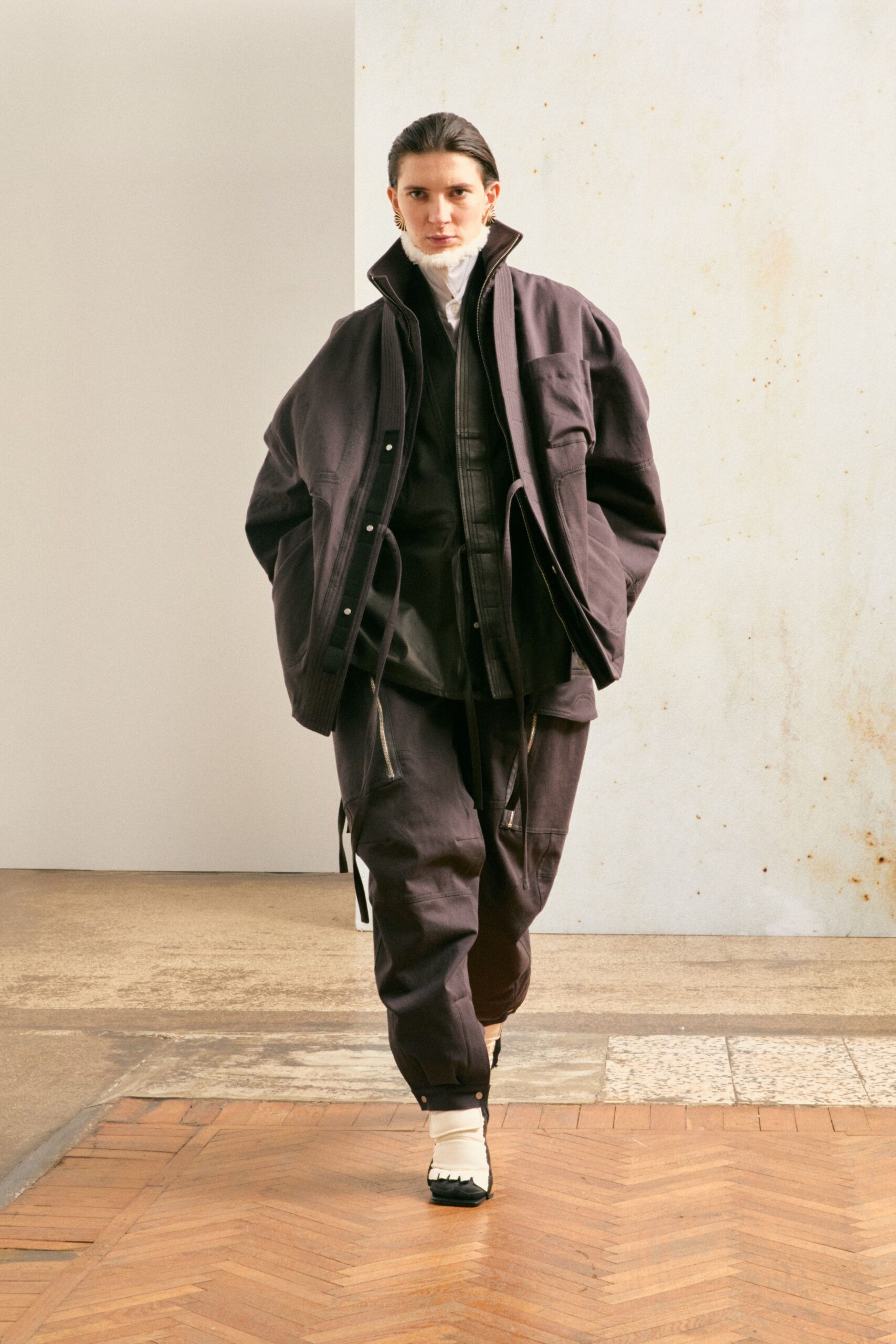 oversized black jacket and relaxed pants