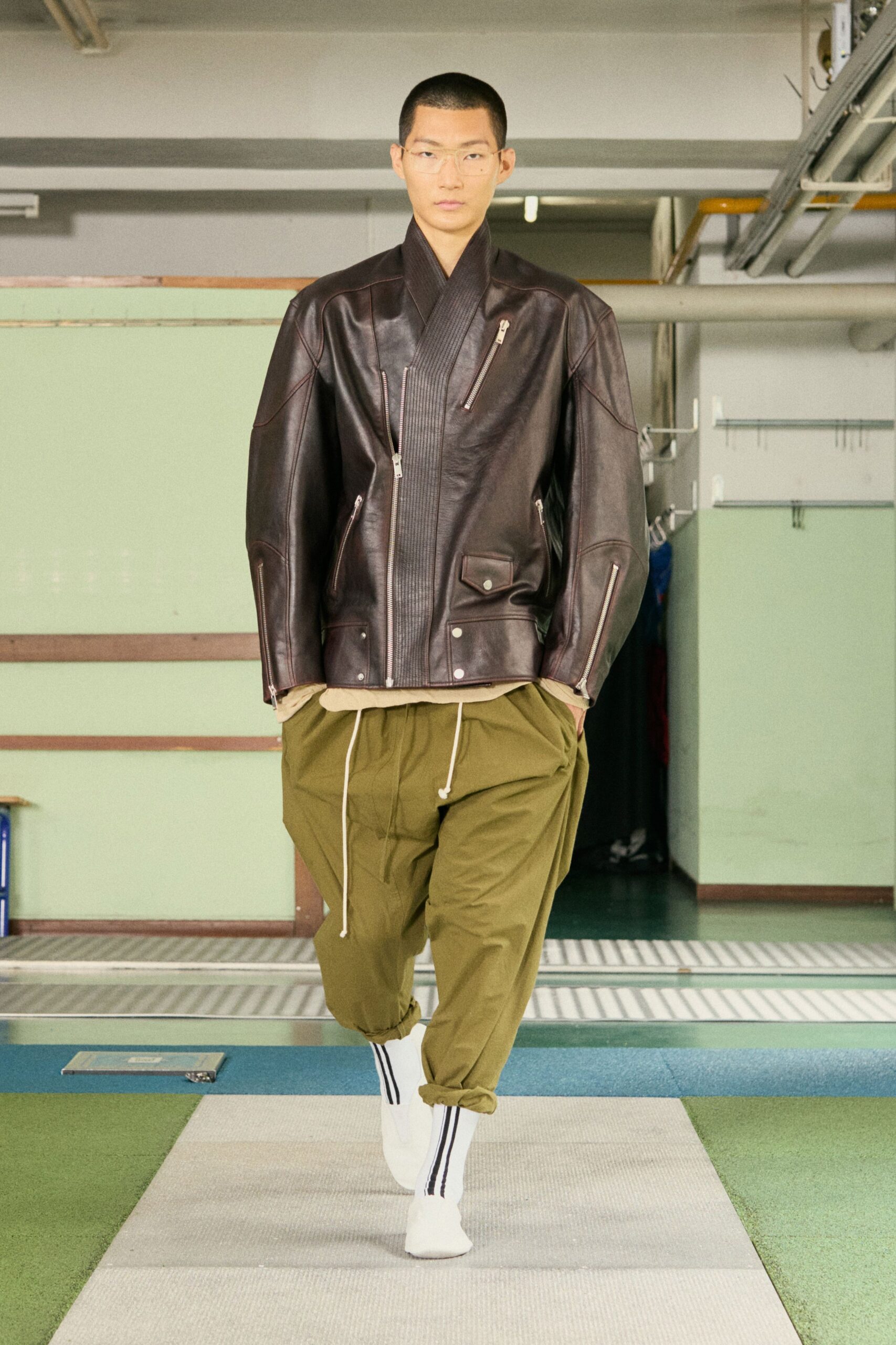 brown leather long-sleeve collared structured zippered jacket