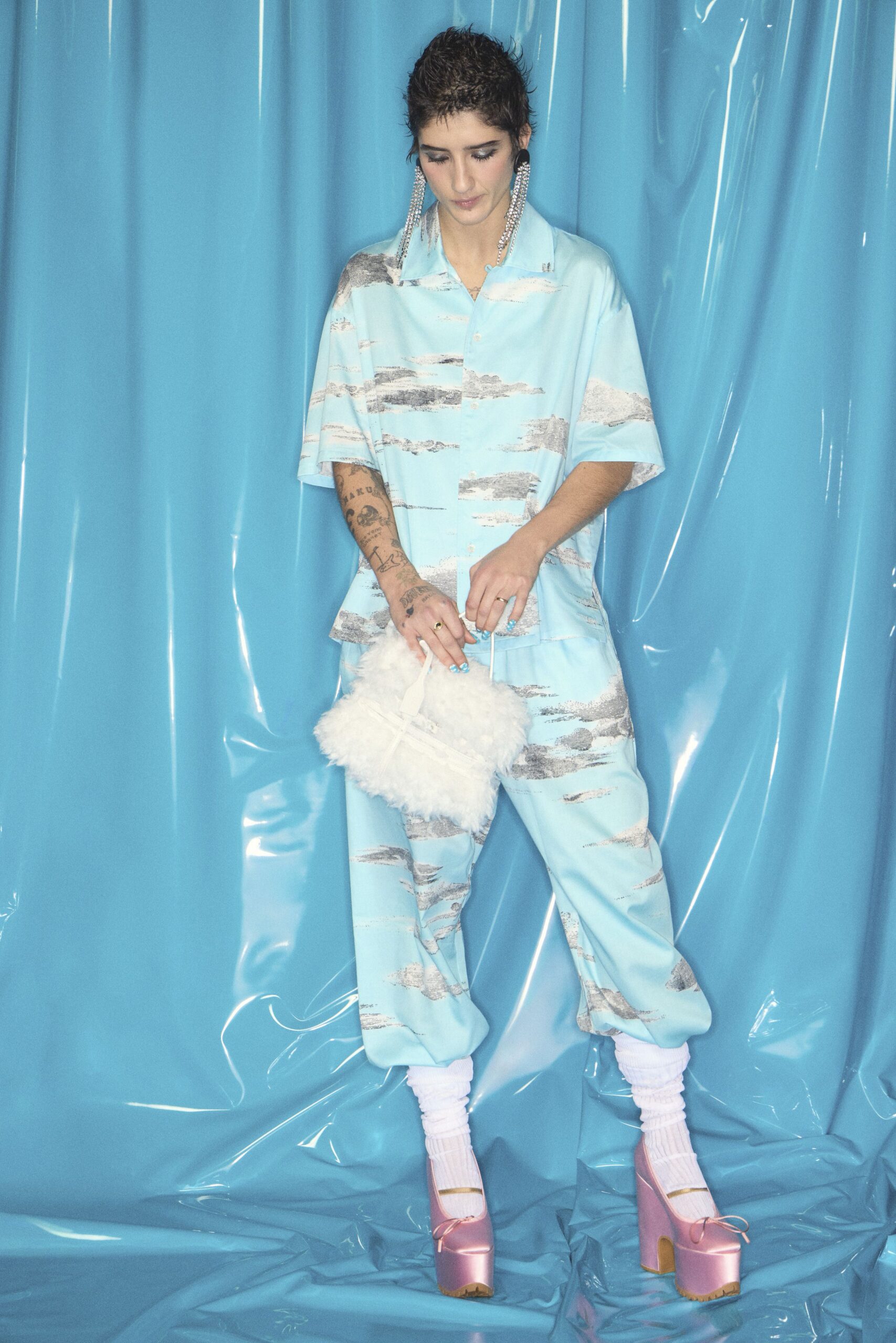 blue printed shirt and pants