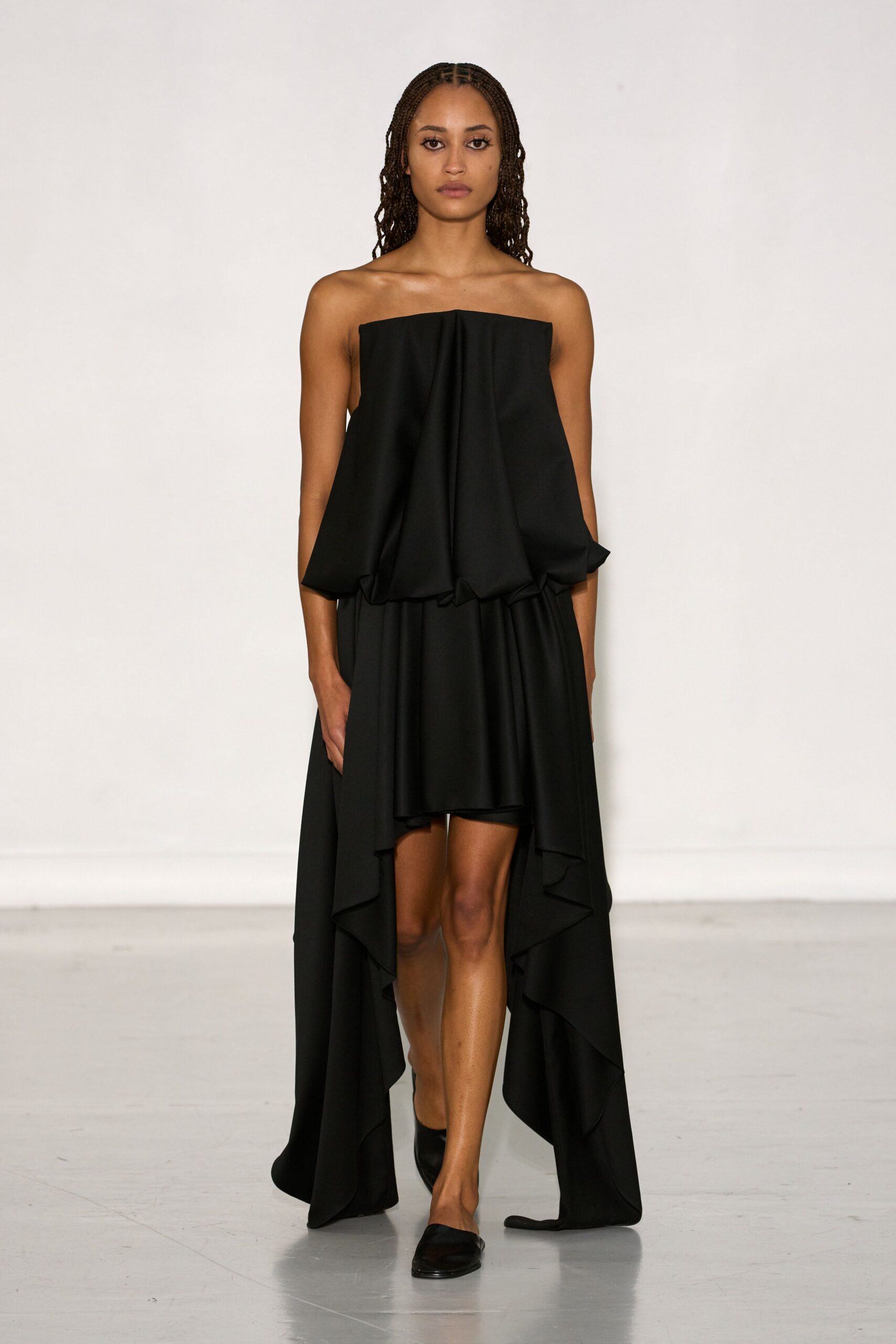 black silk strapless asymmetric fitted draped midi dress