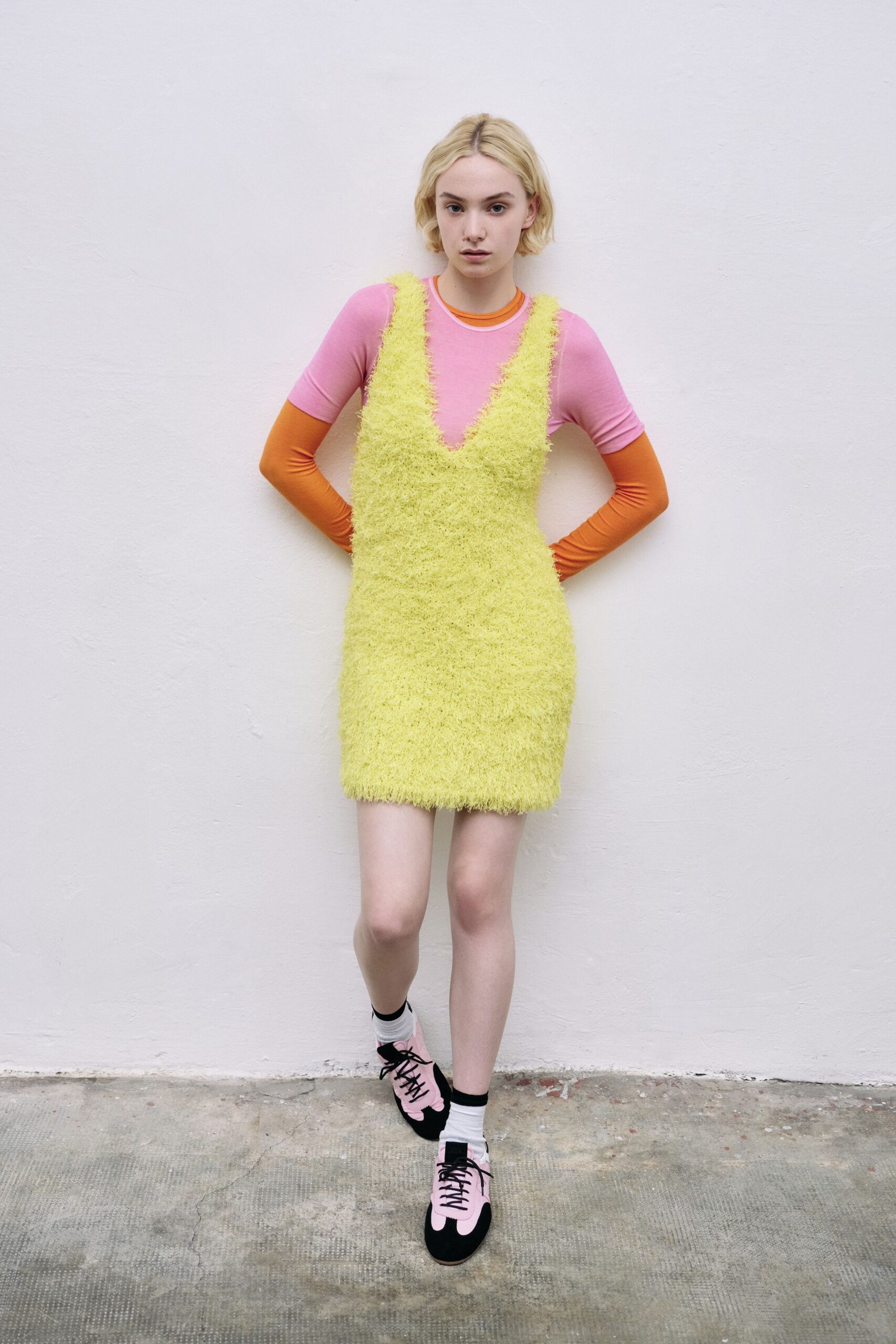 yellow faux-fur sleeveless v-neck fitted layered mini dress