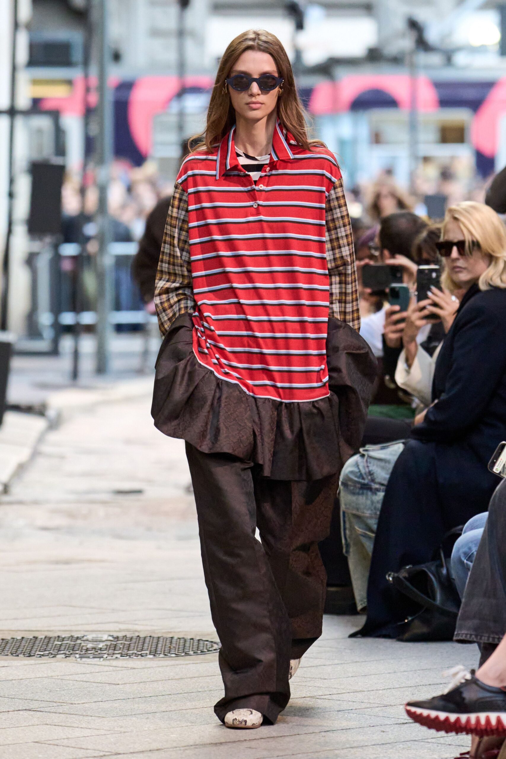 red cotton long-sleeve collared relaxed striped layered top