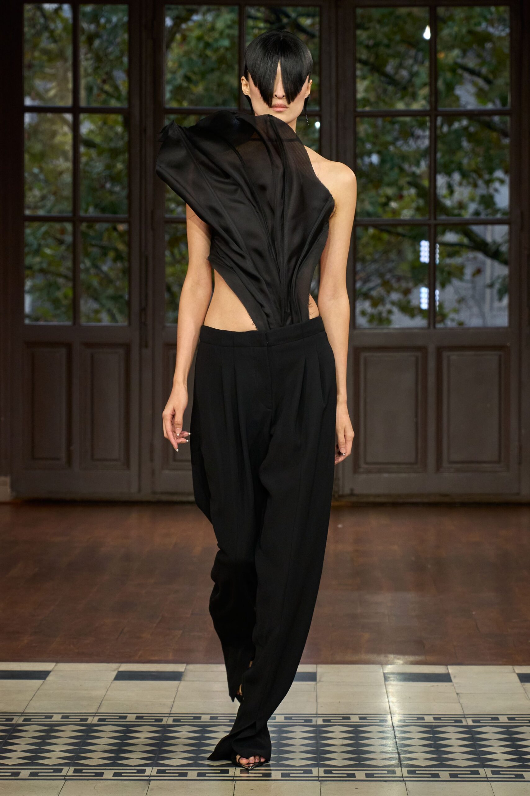 black silk sleeveless off-shoulder fitted draped sheer top