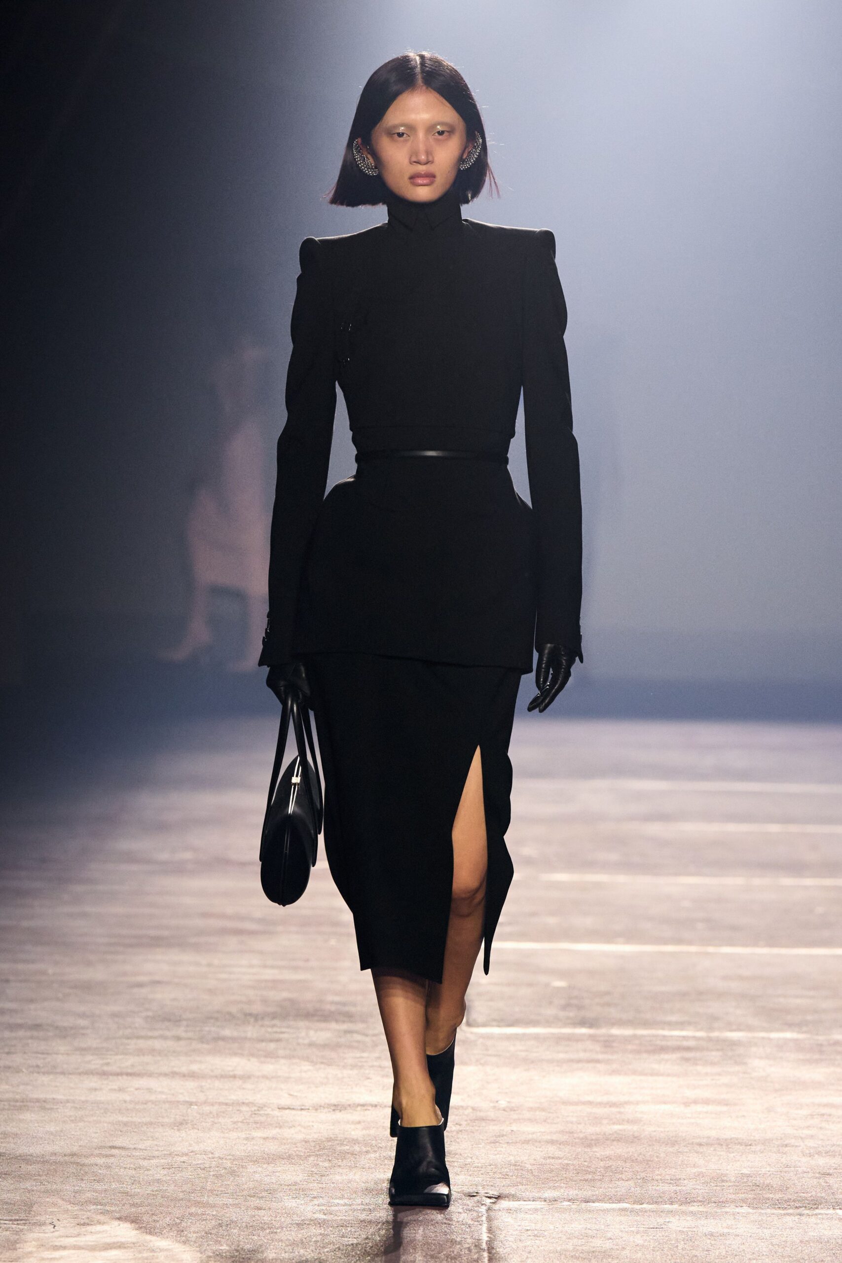 black wool long-sleeve high-neck fitted pencil midi dress