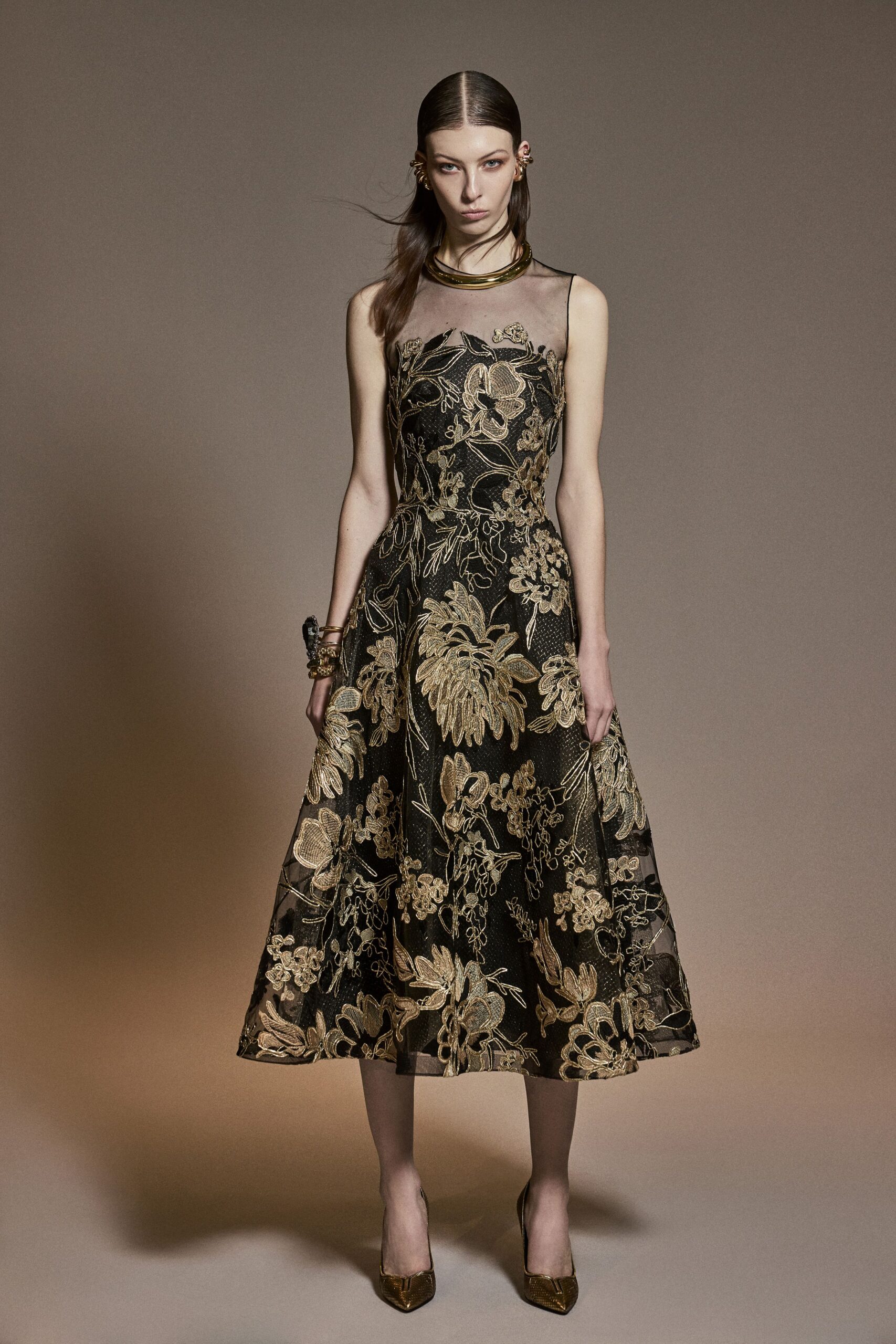 black and gold embroidered midi dress