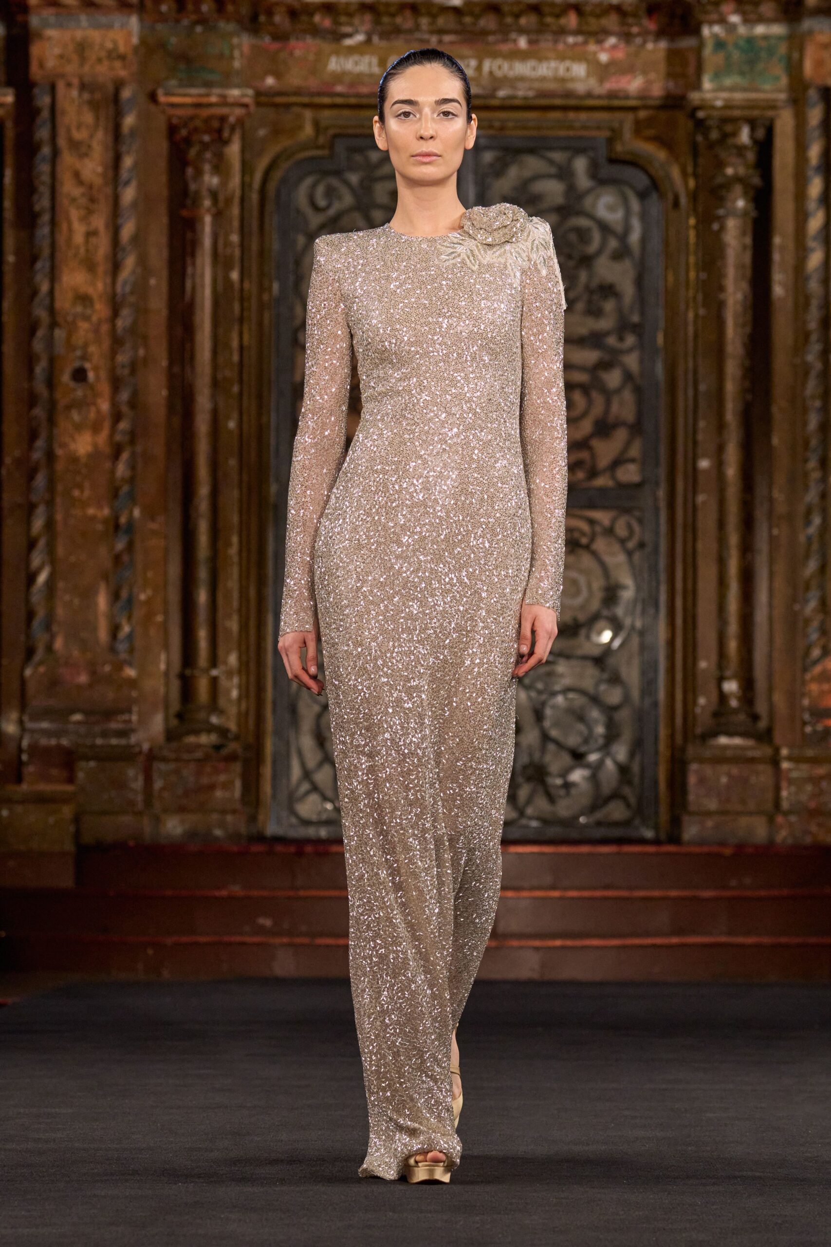 beige sequined long-sleeve gown