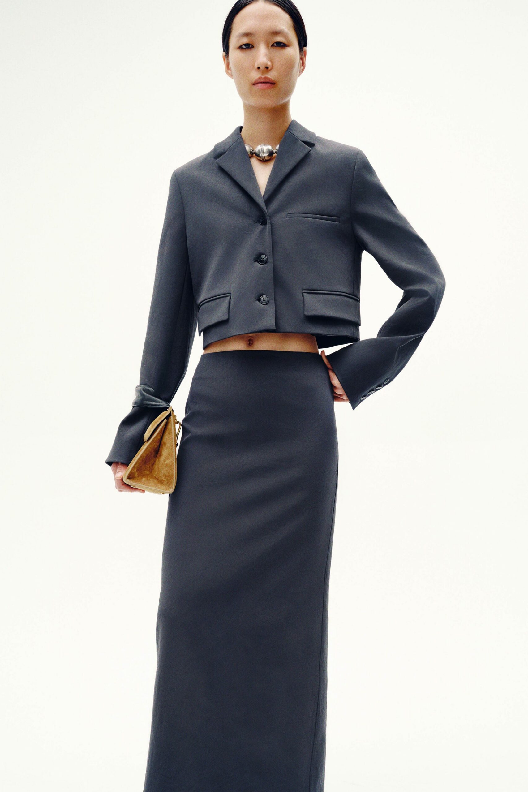 gray cotton fitted straight-leg maxi skirt