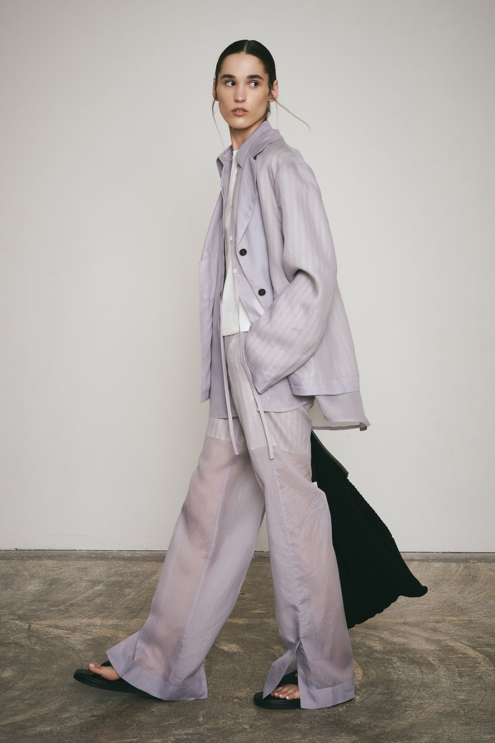 purple silk long-sleeve collared relaxed pleated jacket