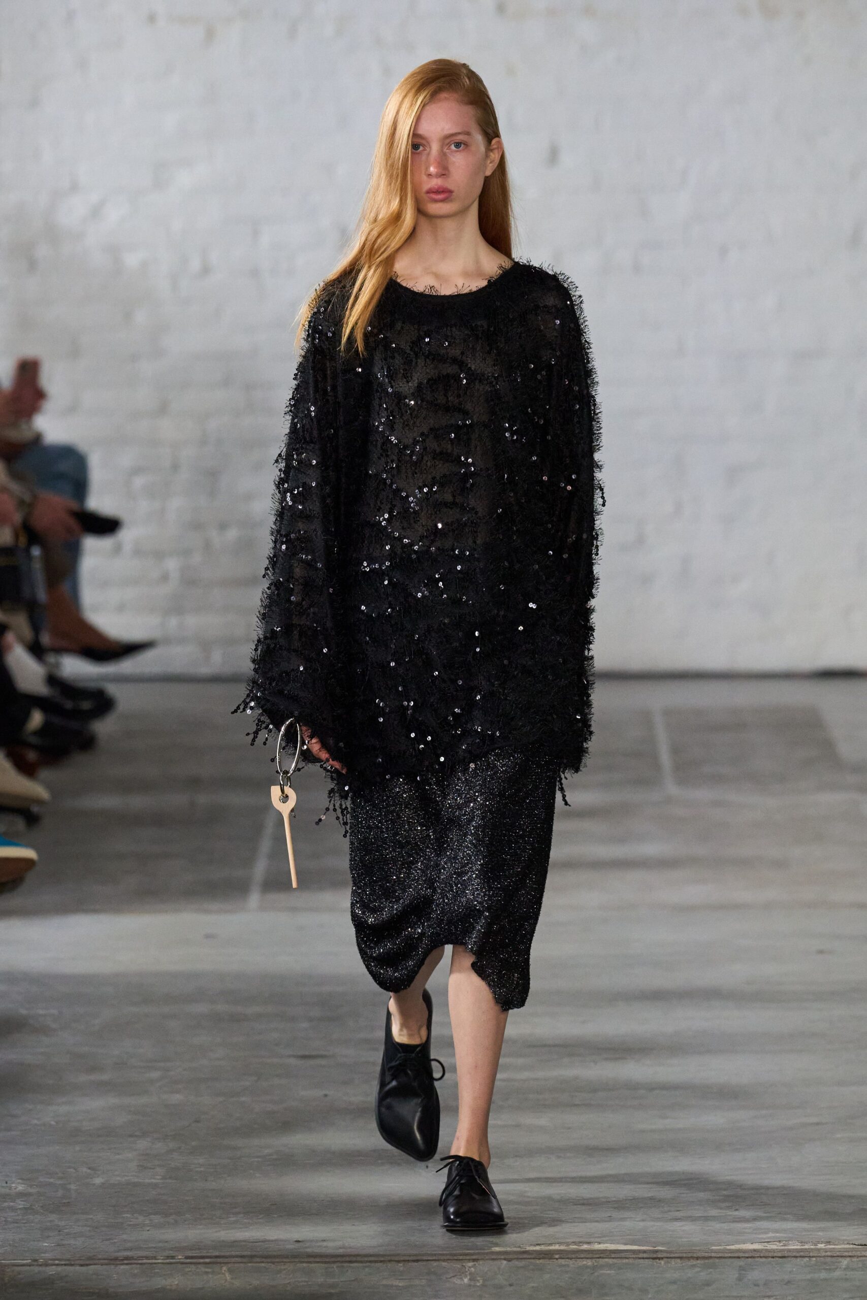 black sequin long-sleeve relaxed fringed shiny midi dress