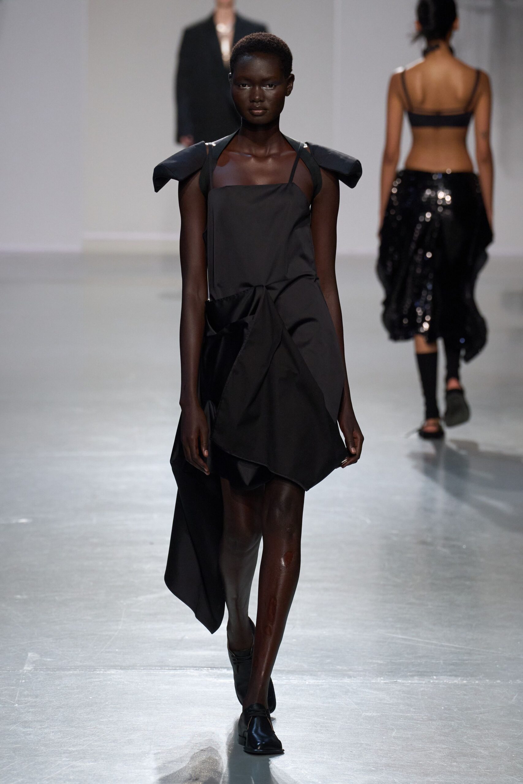 black cotton sleeveless v-neck fitted draped midi dress