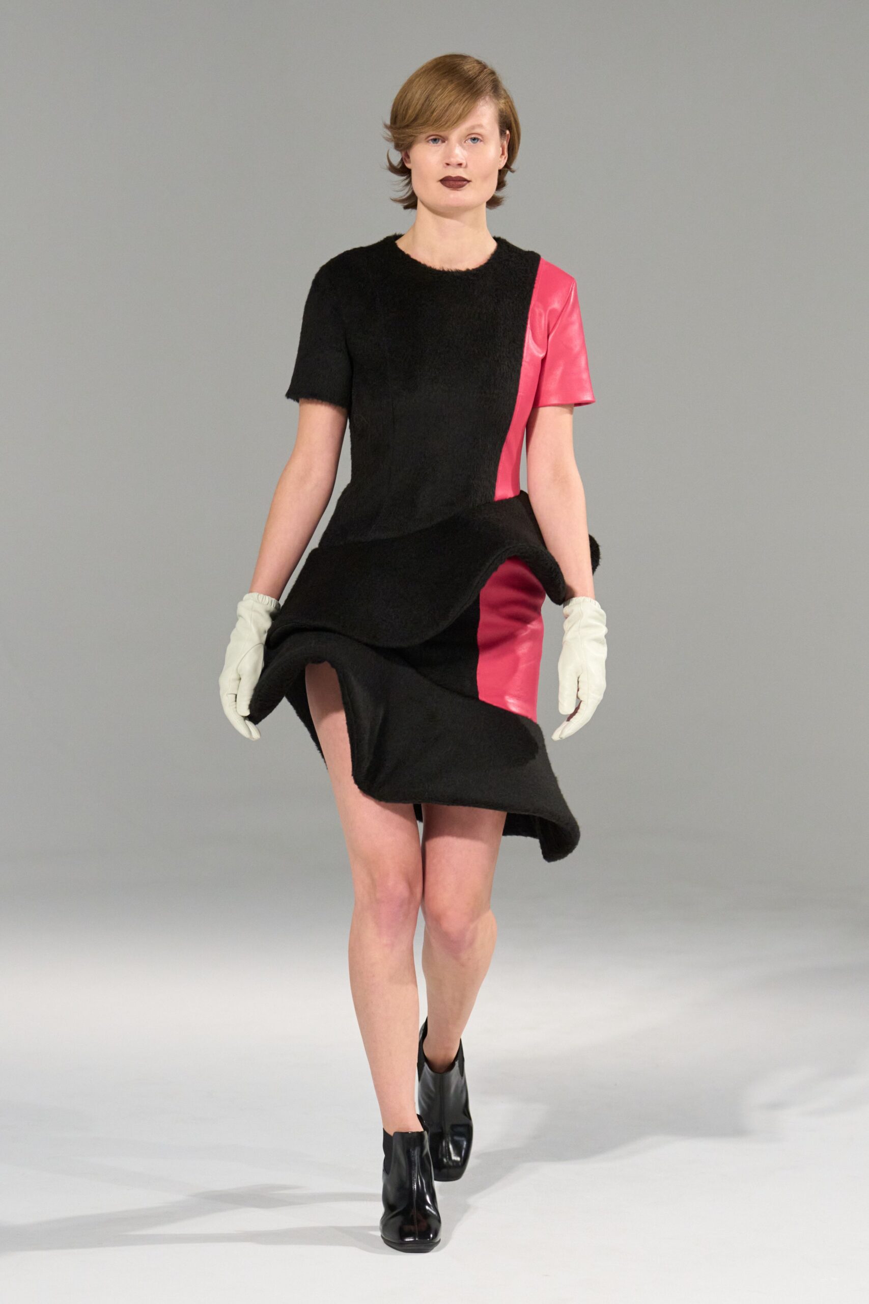 black wool short-sleeve v-neck fitted pleated mini dress