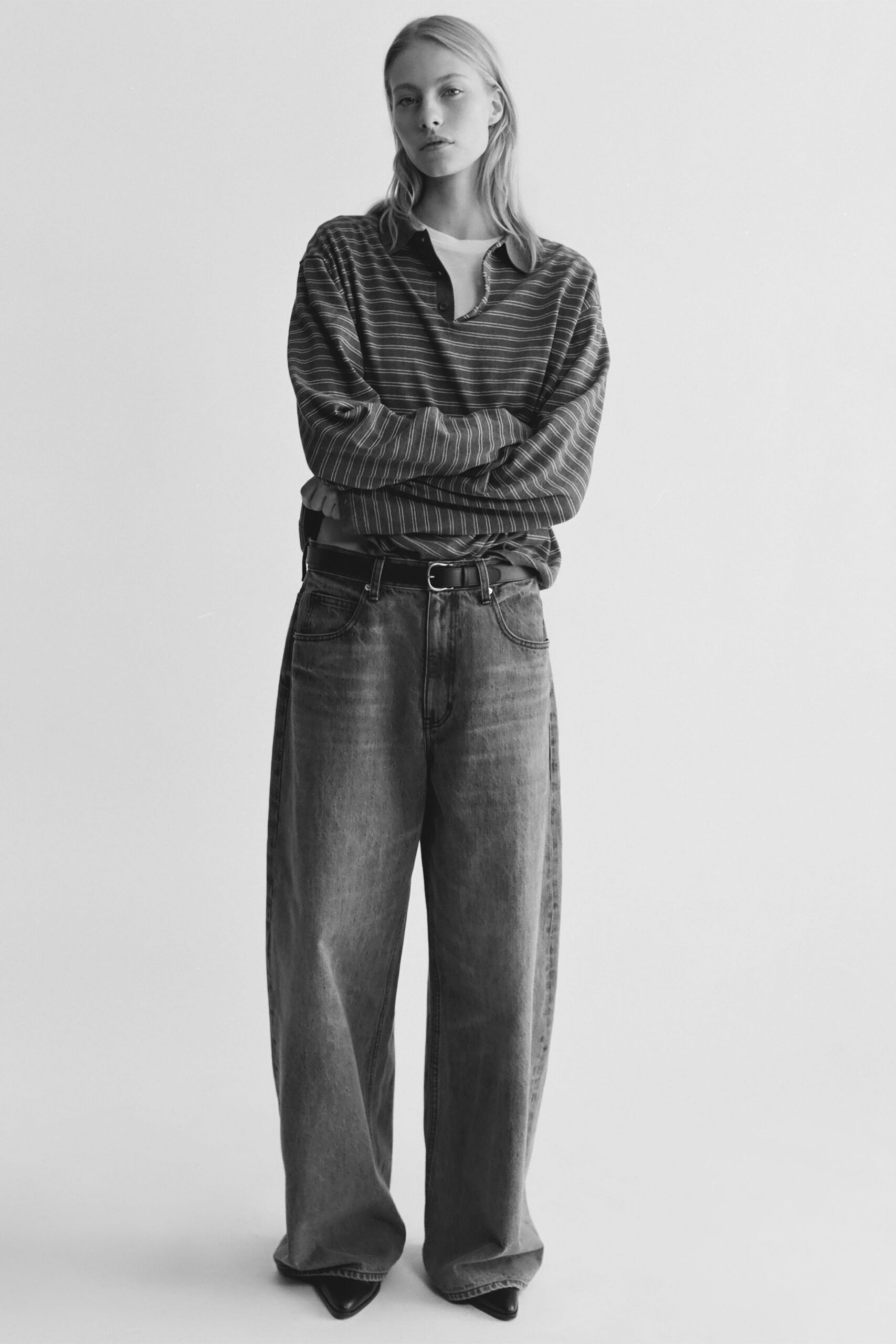 relaxed striped shirt with wide-leg jeans