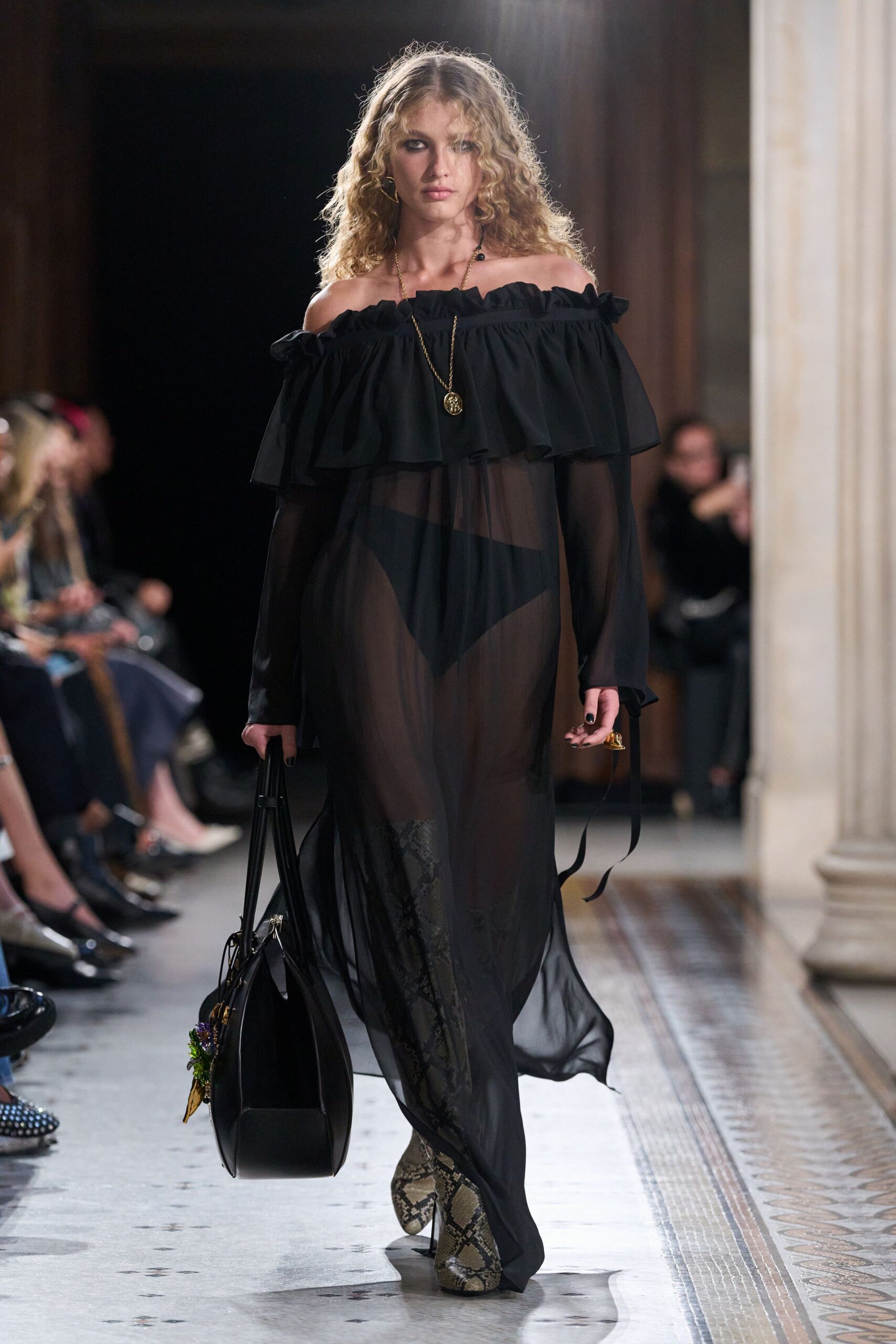 black chiffon off-shoulder long-sleeve relaxed ruffled gown