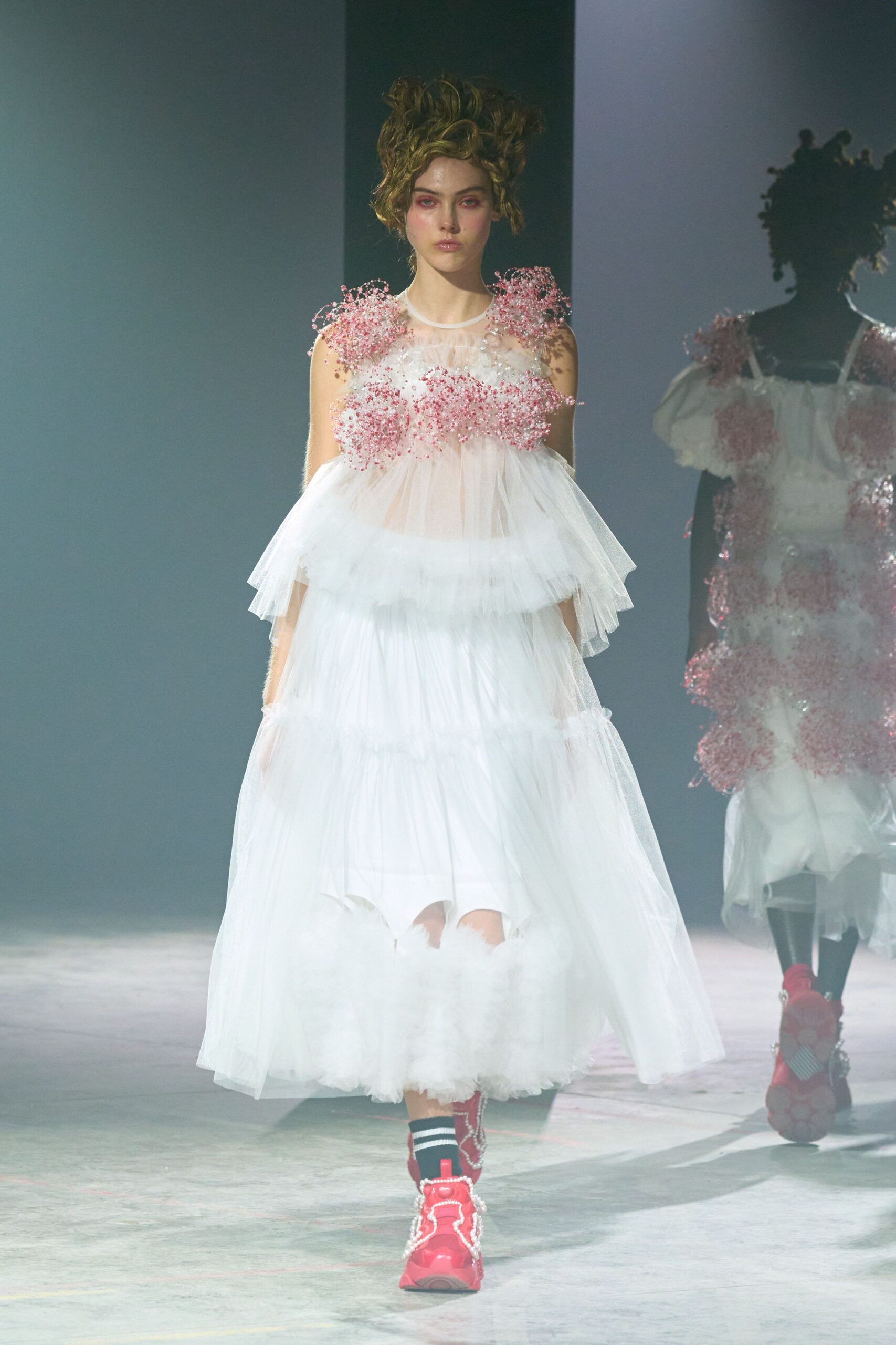 white tulle sleeveless high-neck relaxed tiered ruffled dress