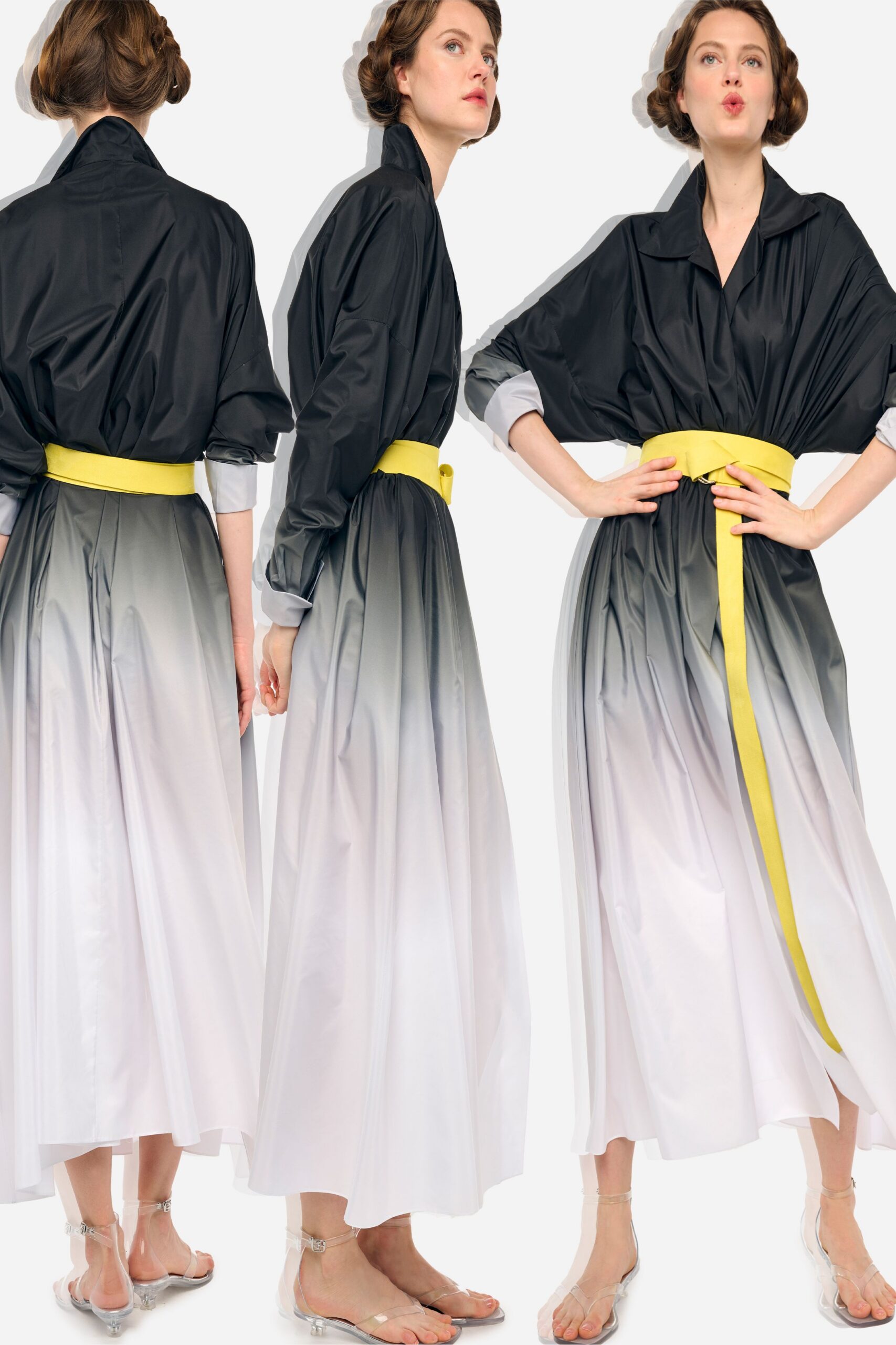 black silk long-sleeve collared relaxed color-blocked pleated dress