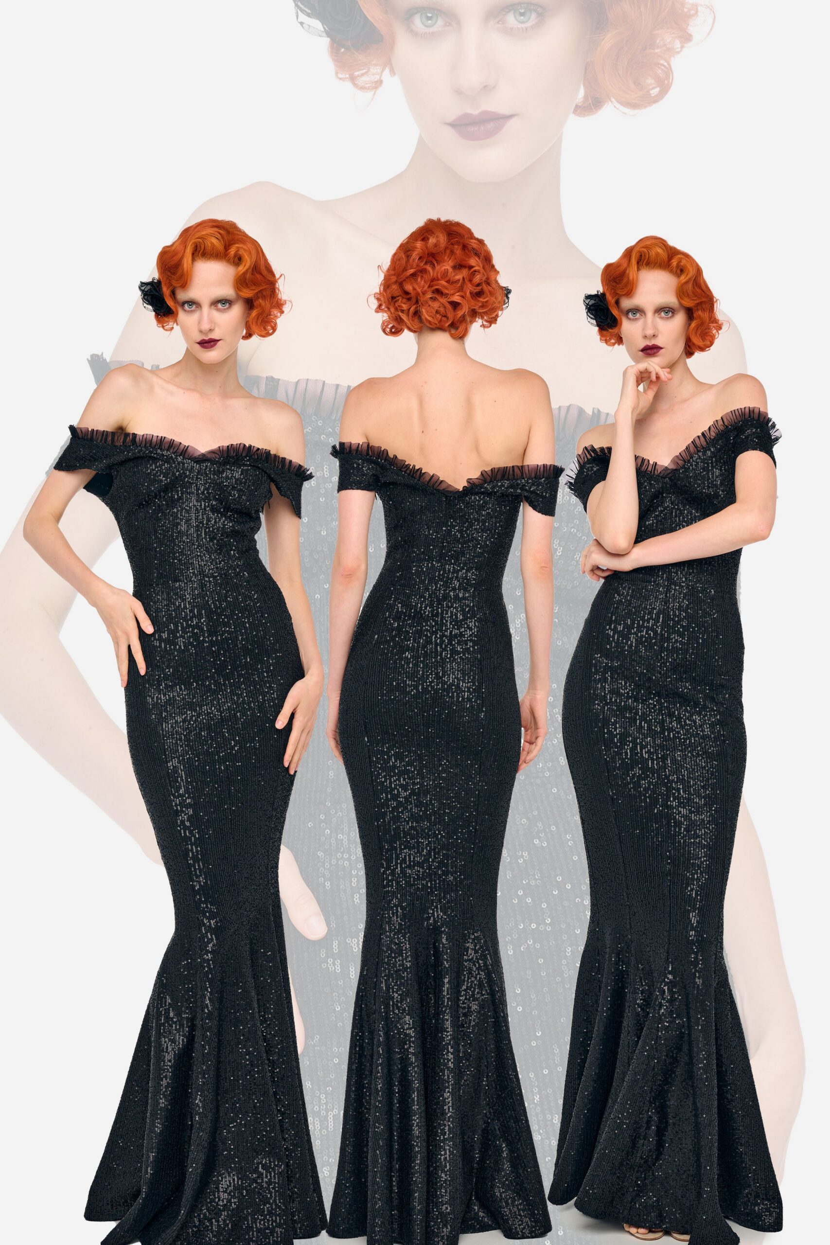 black sequin off-shoulder gown