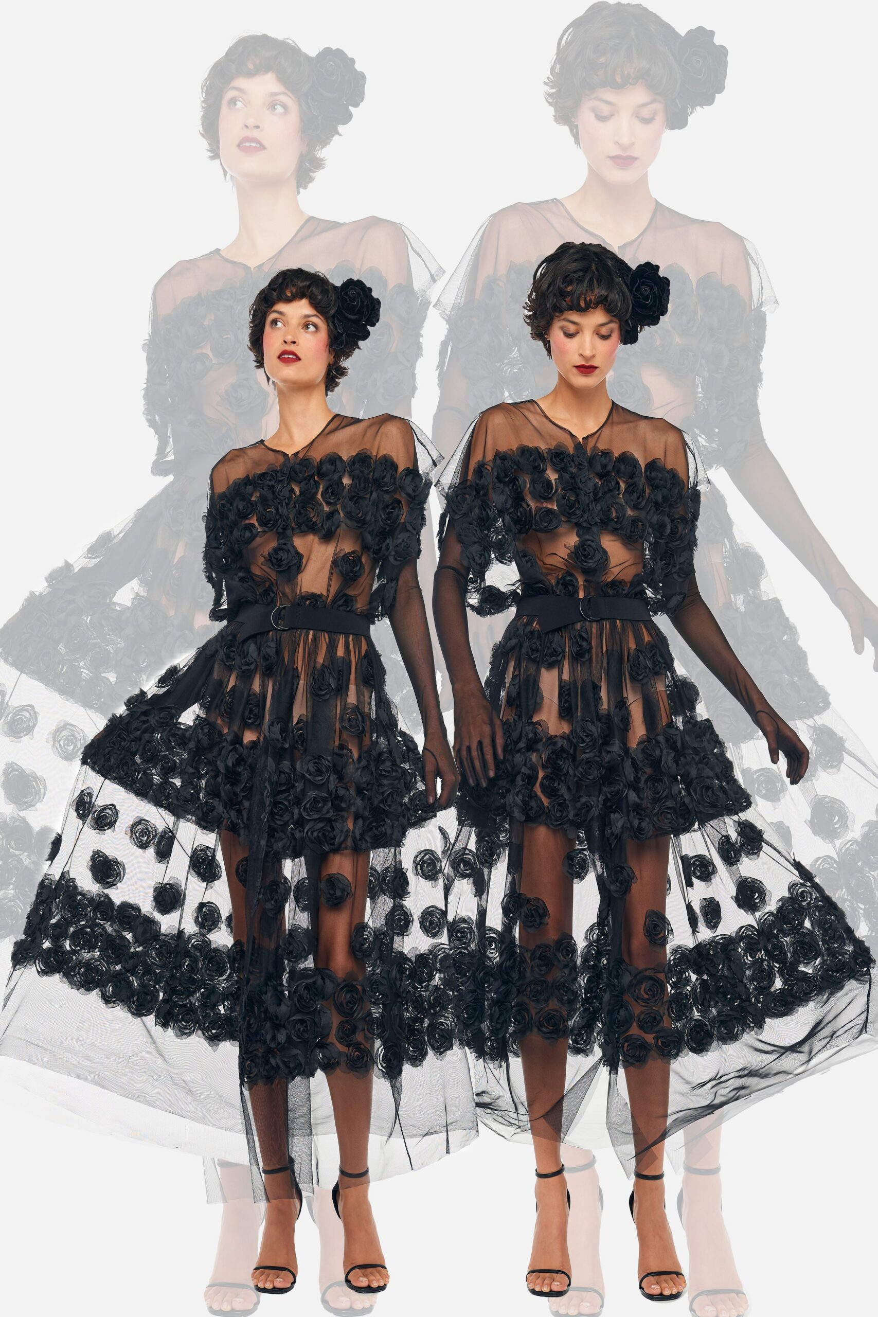 black tulle sleeveless v-neck fitted layered flared dress