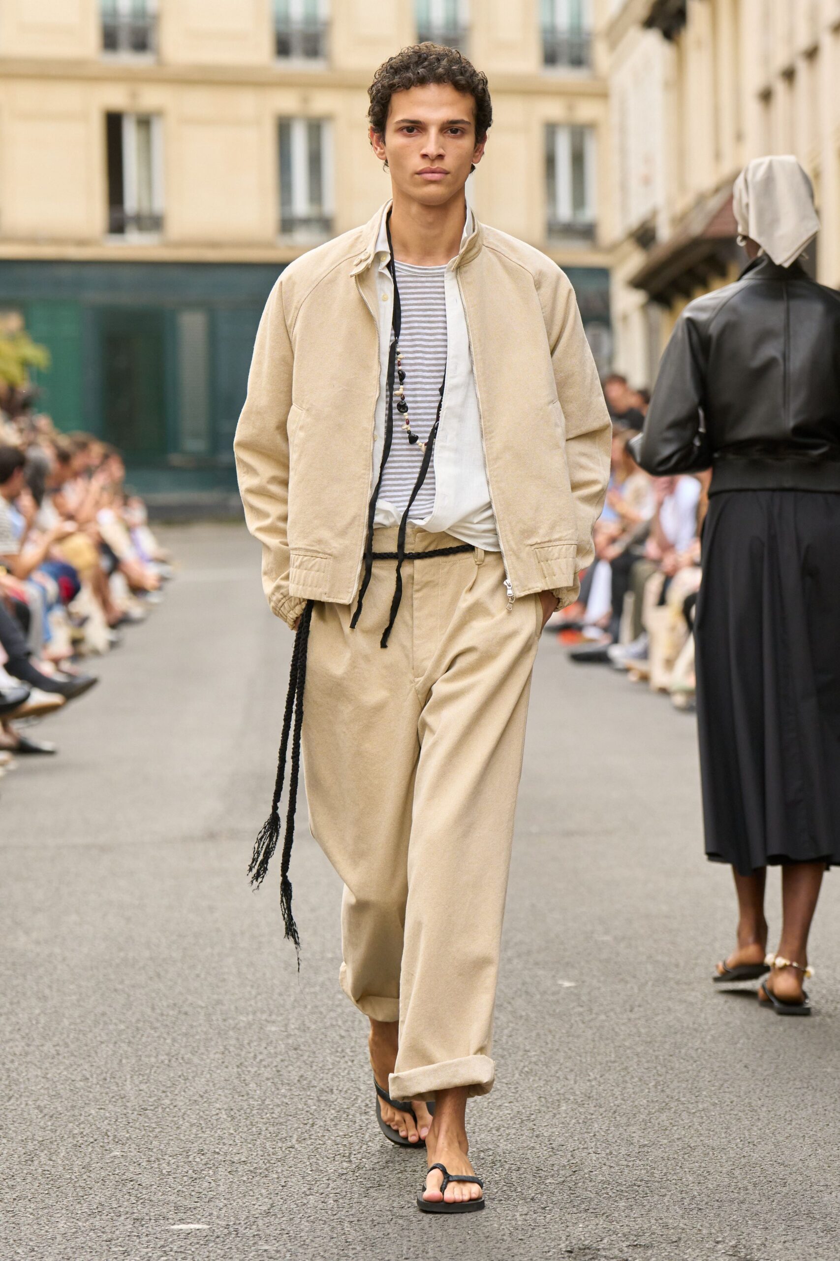 beige relaxed jacket with striped shirt