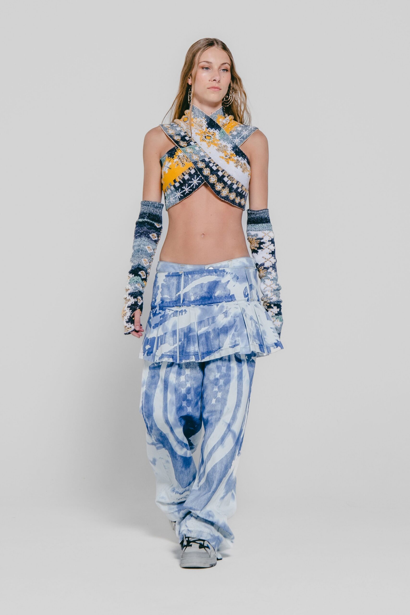 blue and white crop-top with flared pants