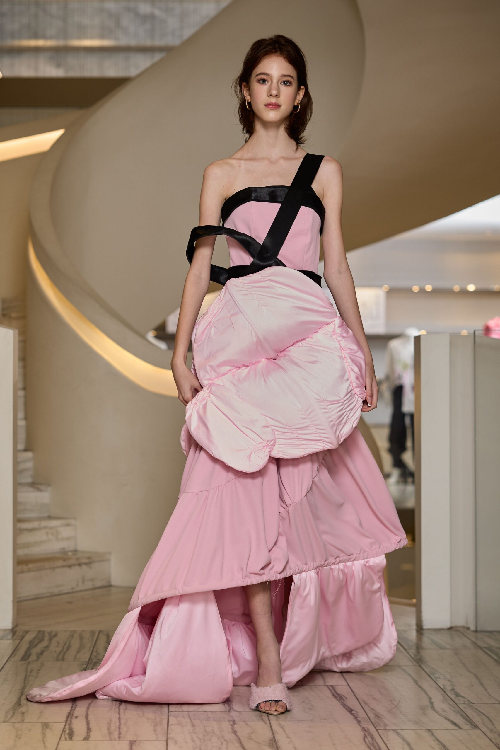 pink silk sleeveless v-neck fitted ruffled layered gown