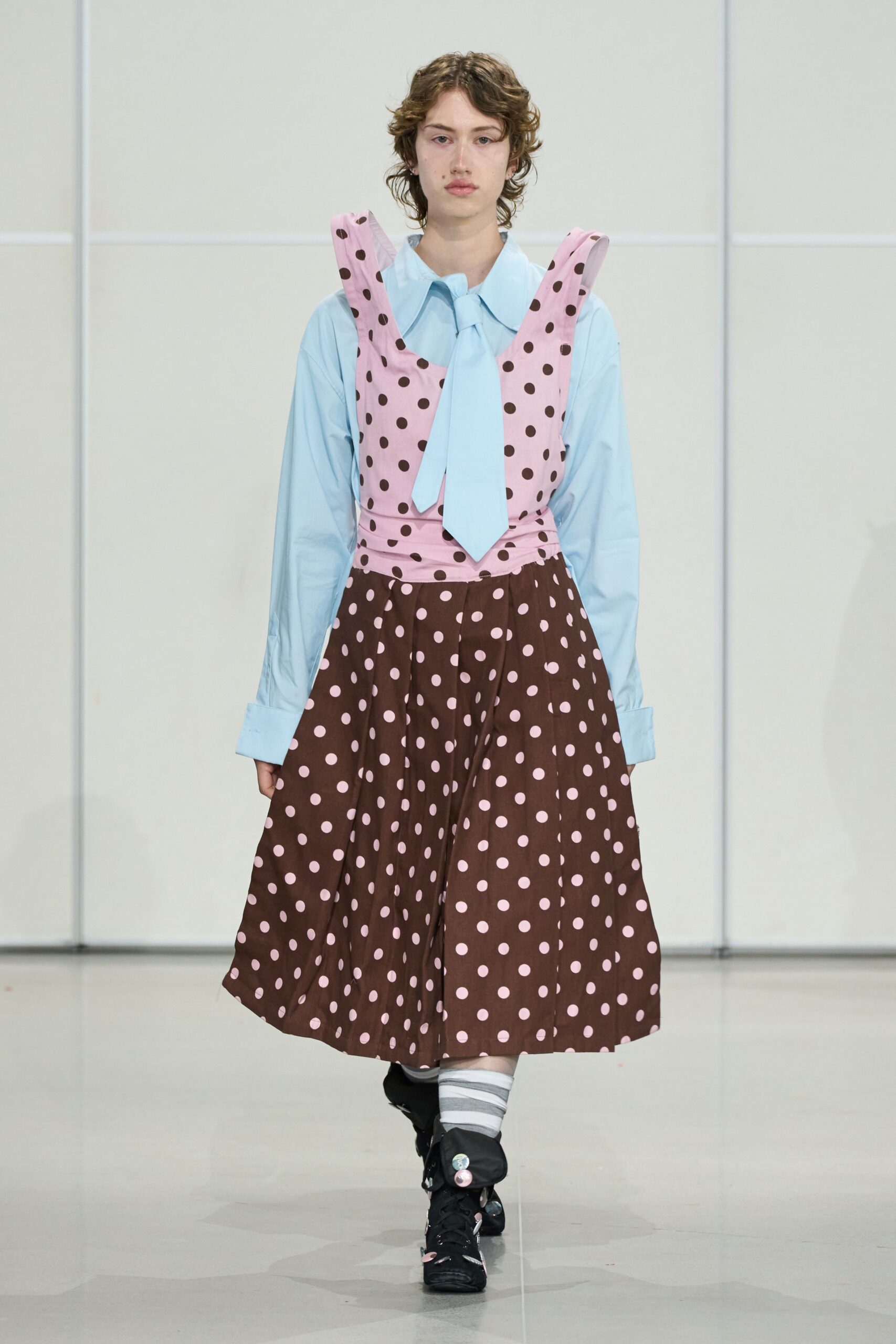 pink and blue polka-dot dress