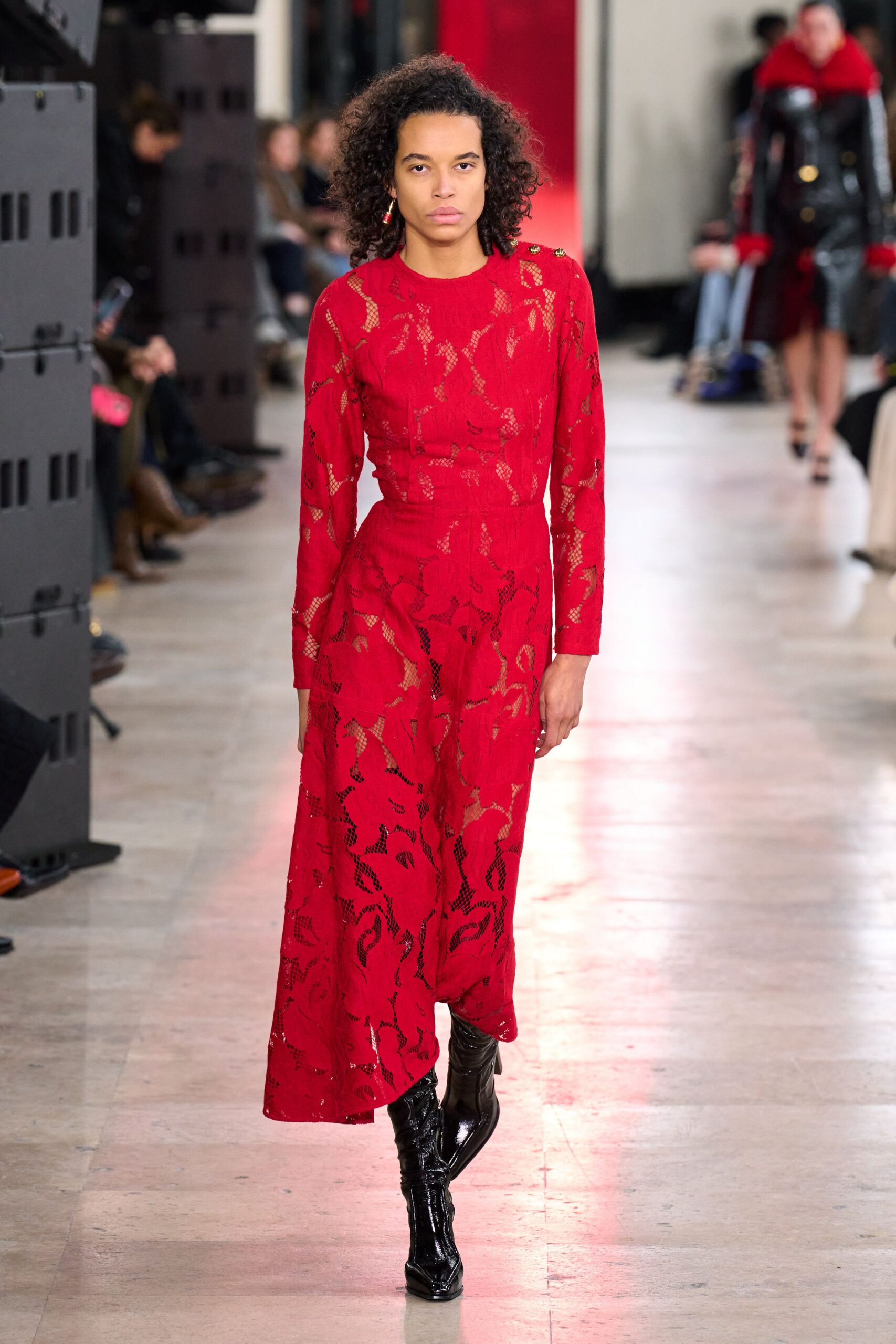 red lace long-sleeve v-neck fitted embroidered tiered dress