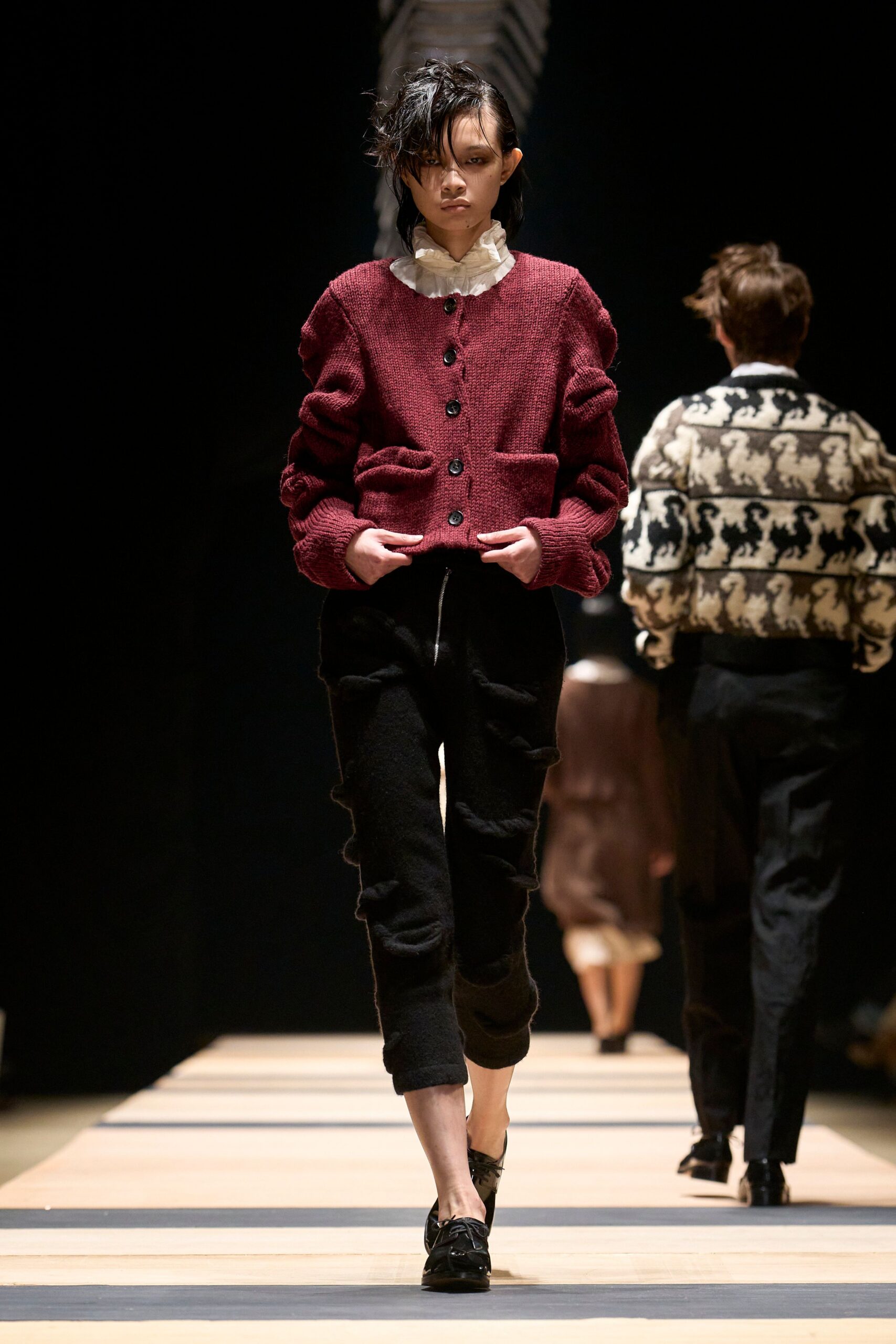 red wool long-sleeve collared fitted buttoned cardigan