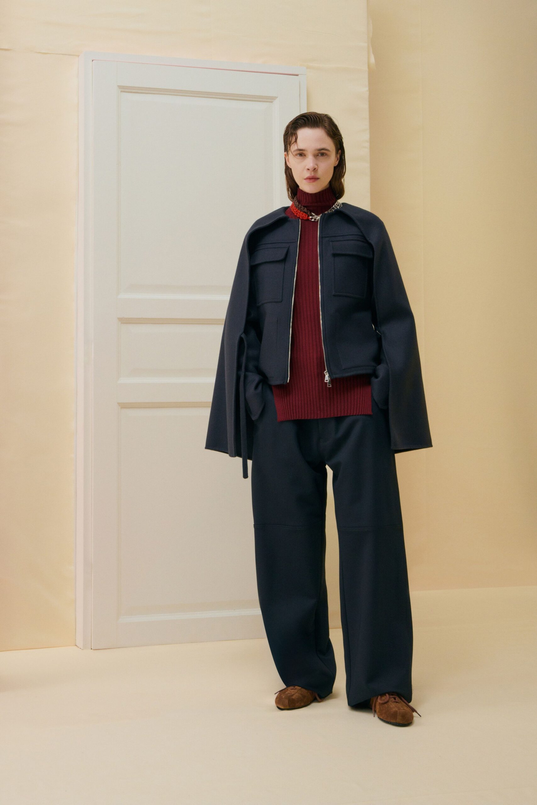 blue cotton long-sleeve relaxed buttoned cape