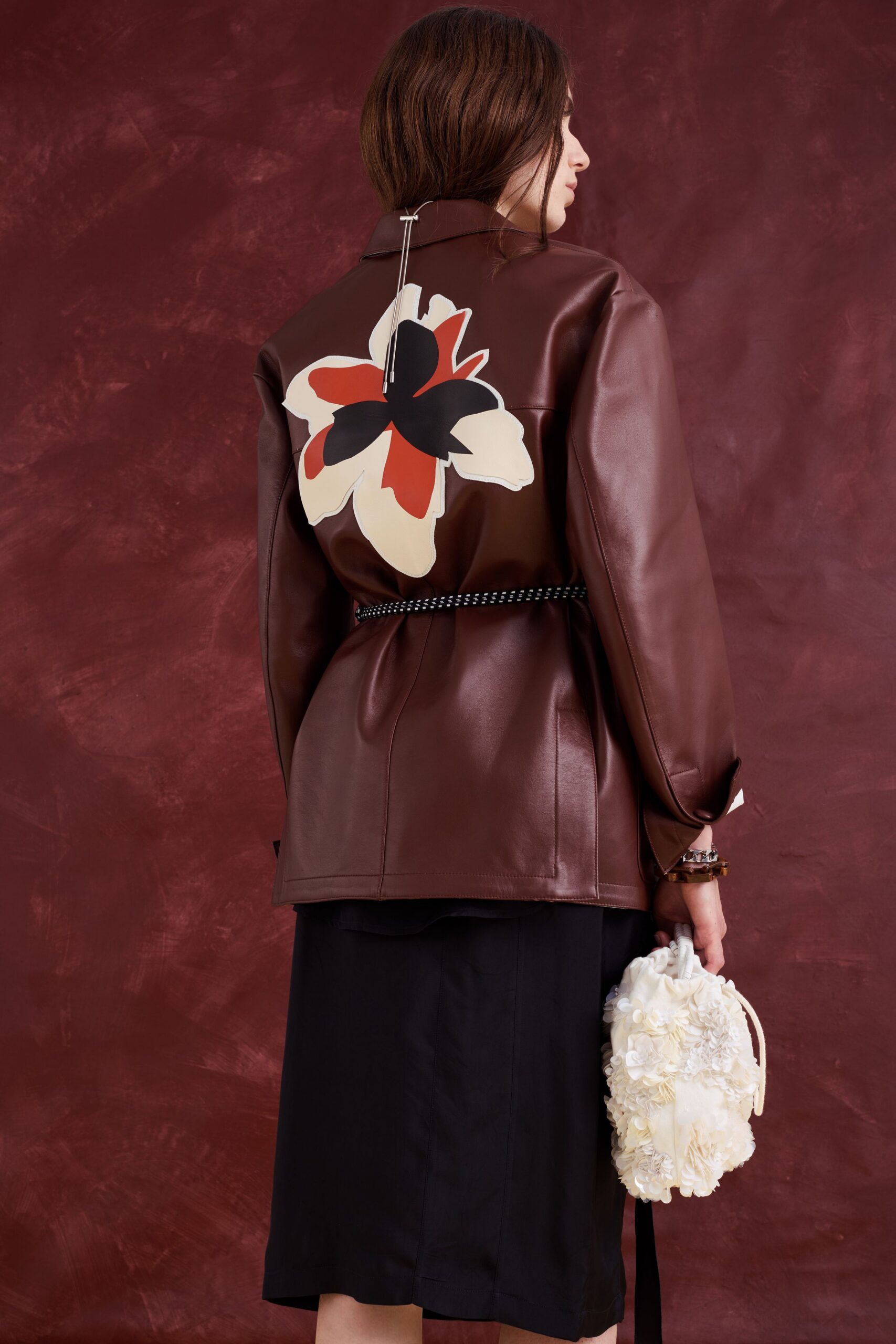 brown leather long-sleeve collared fitted embroidered jacket