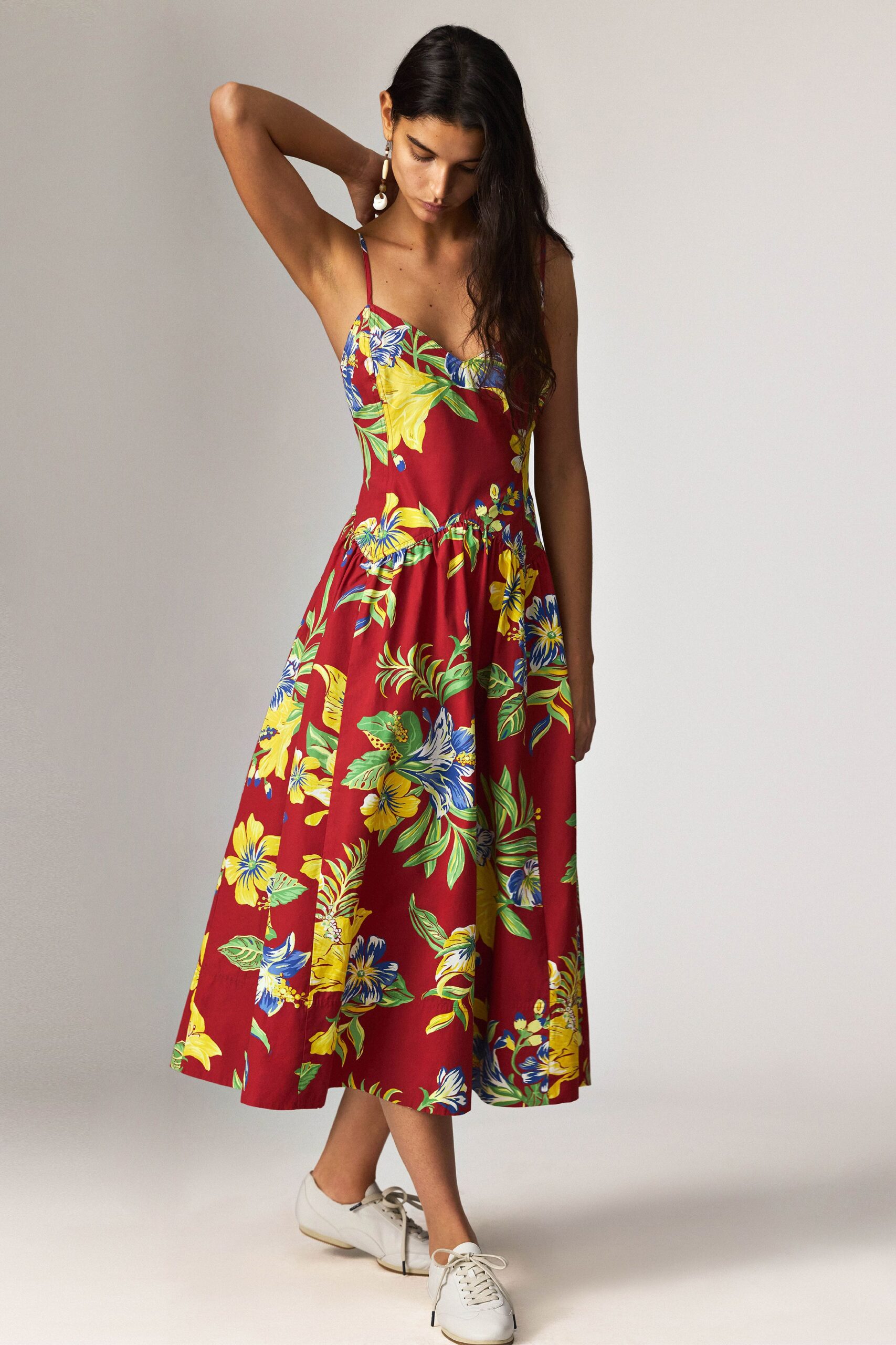 floral midi dress with white shoes
