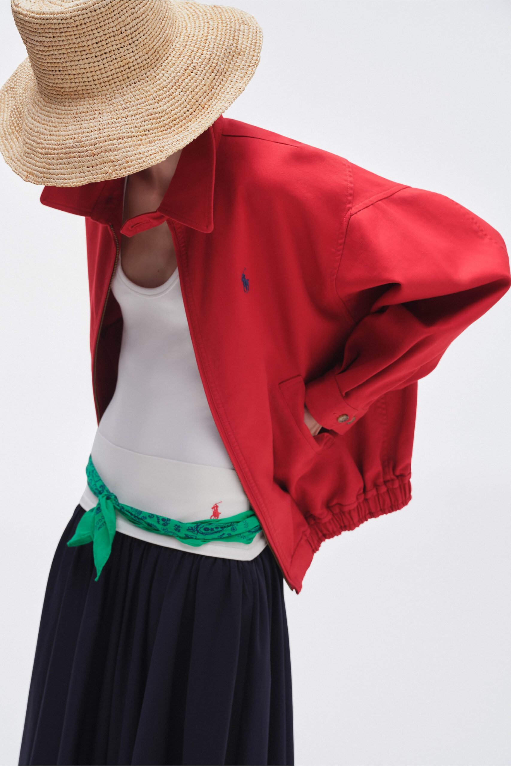 red oversized jacket with white top