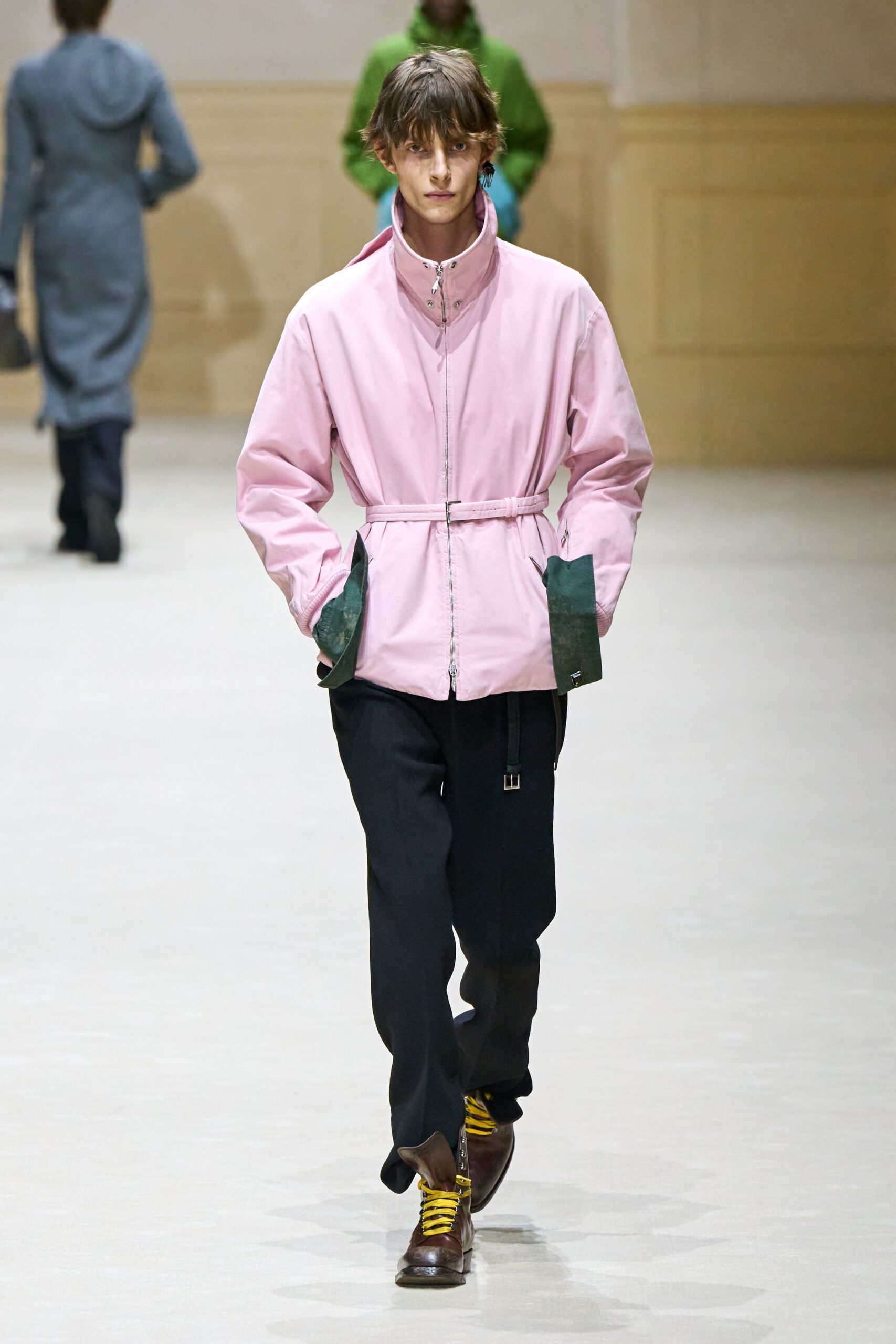 pink relaxed jacket with black pants