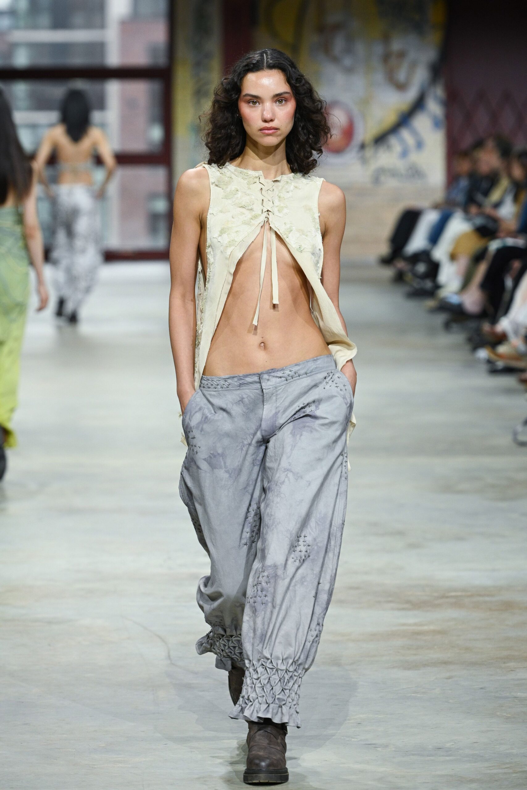 gray cotton relaxed embroidered pants
