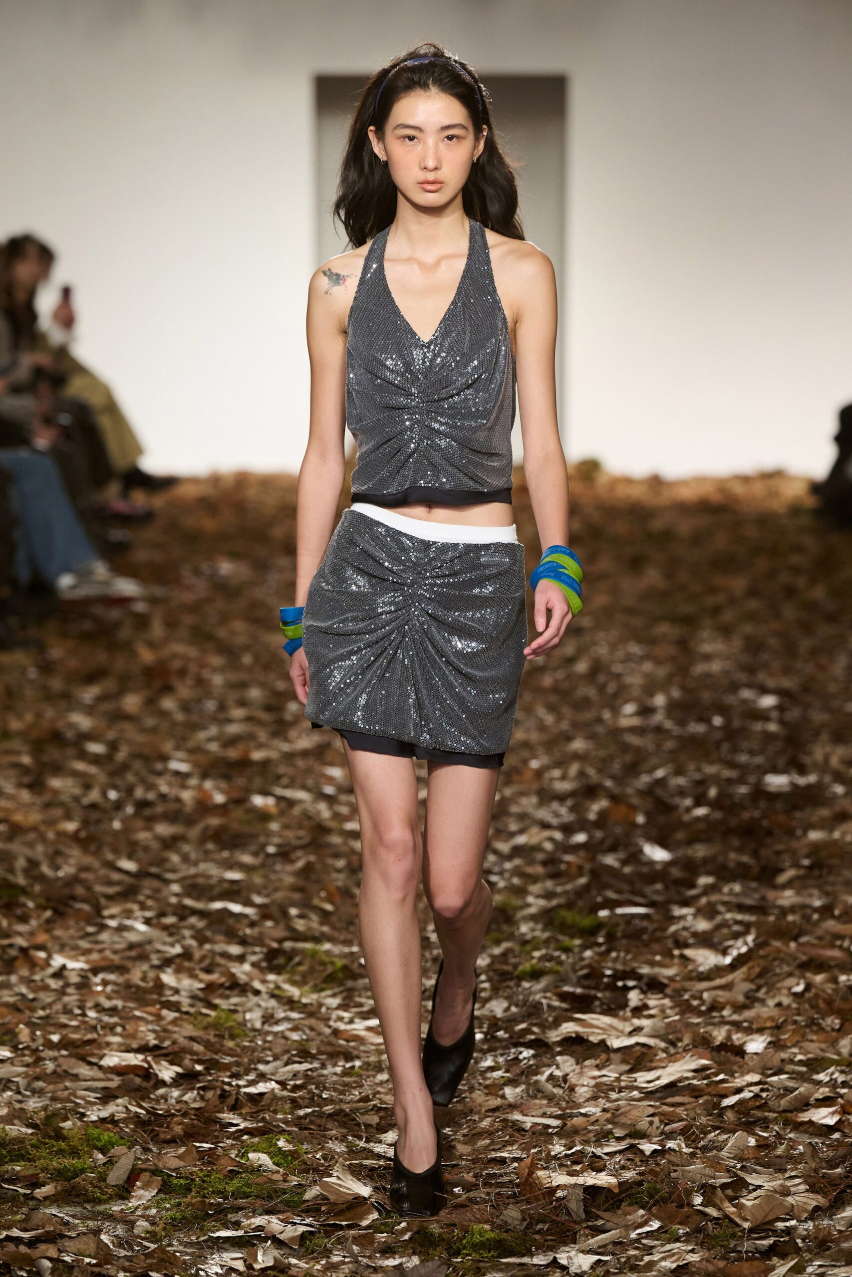 gray silk fitted ruched shiny mini skirt
