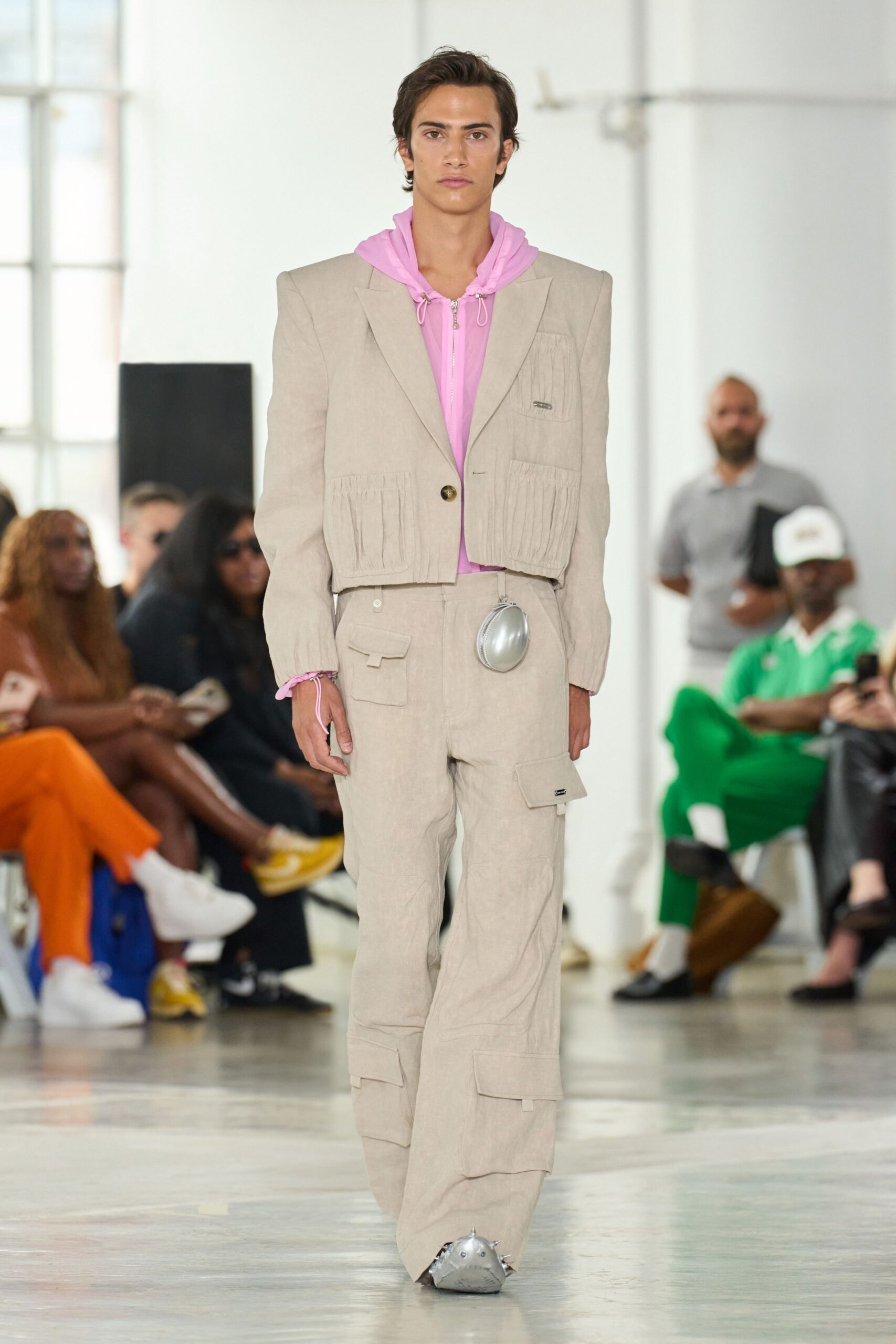beige cotton short-sleeve collared structured buttoned pockets blazer