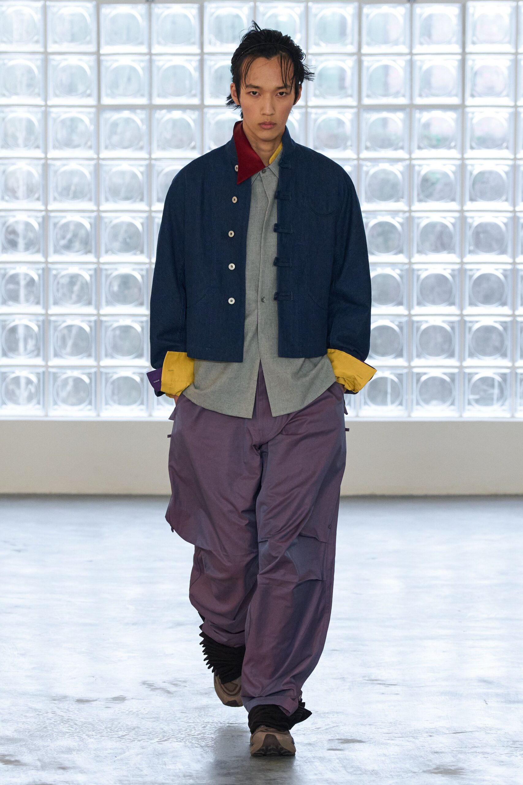 purple cotton relaxed pleated pants