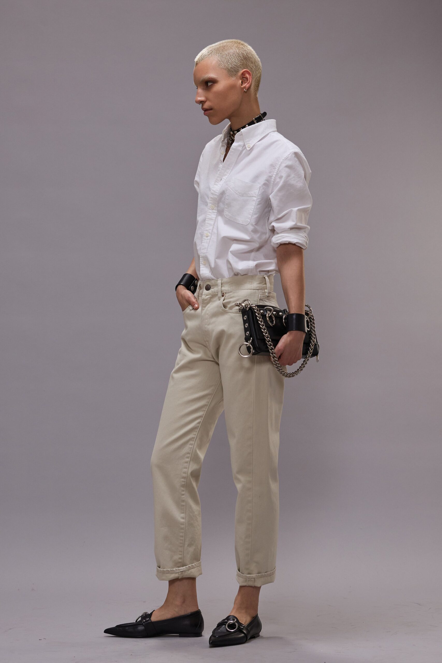 white fitted shirt beige pants