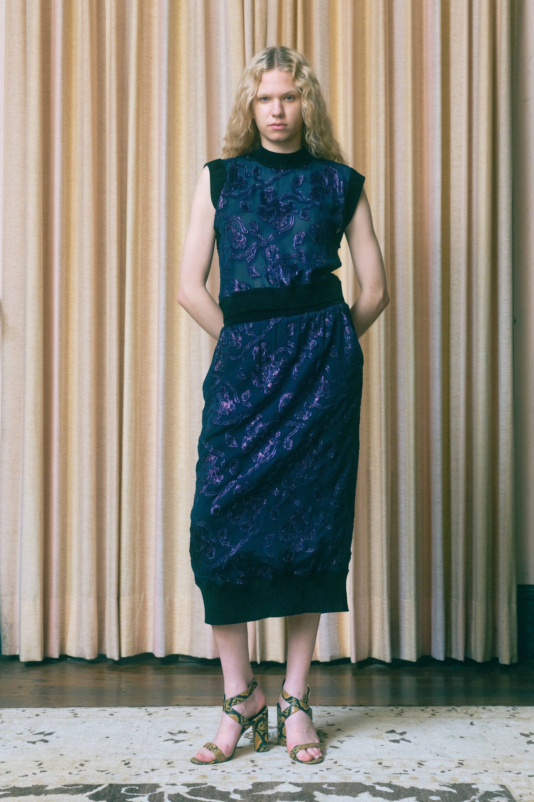 black silk sleeveless fitted embroidered tiered midi dress